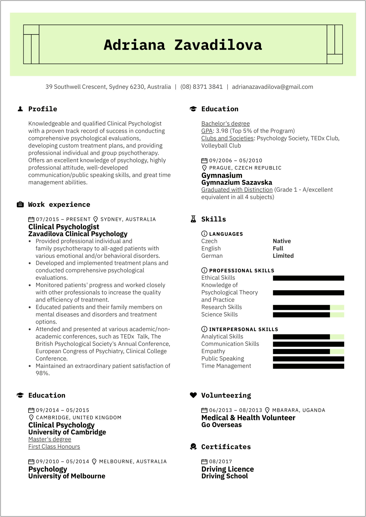 Example Of A Resume For A Psychologist