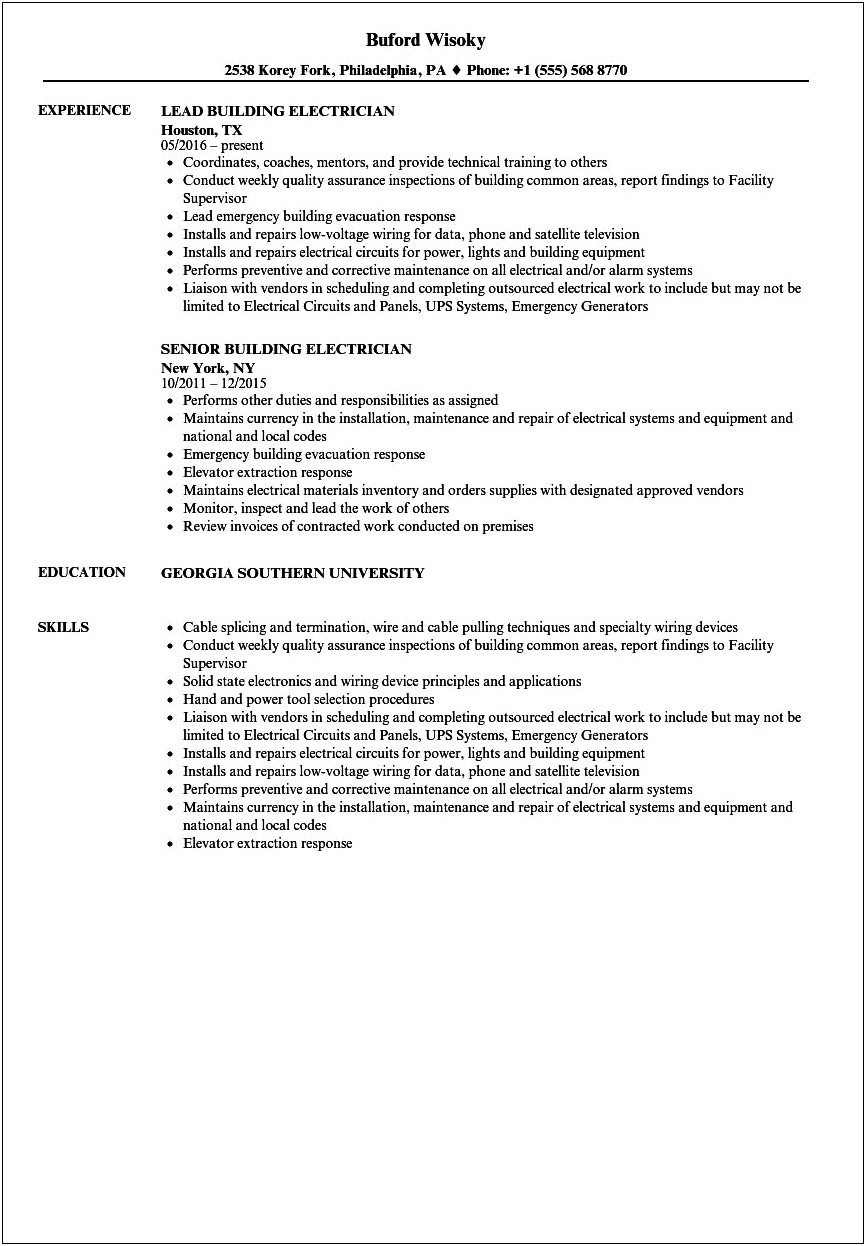 Example Of A Resume For An Electrician