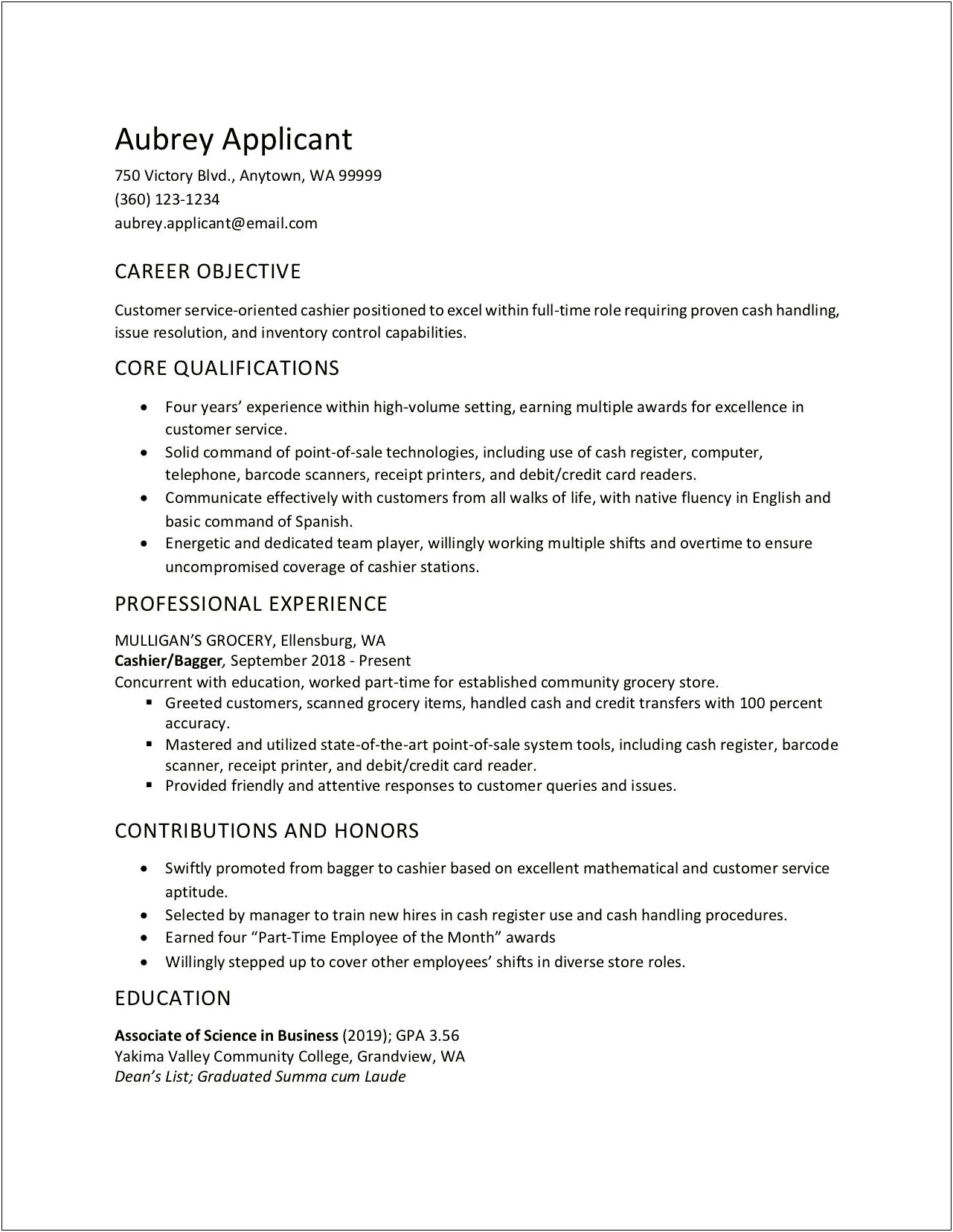 Example Of A Resume For Cashier