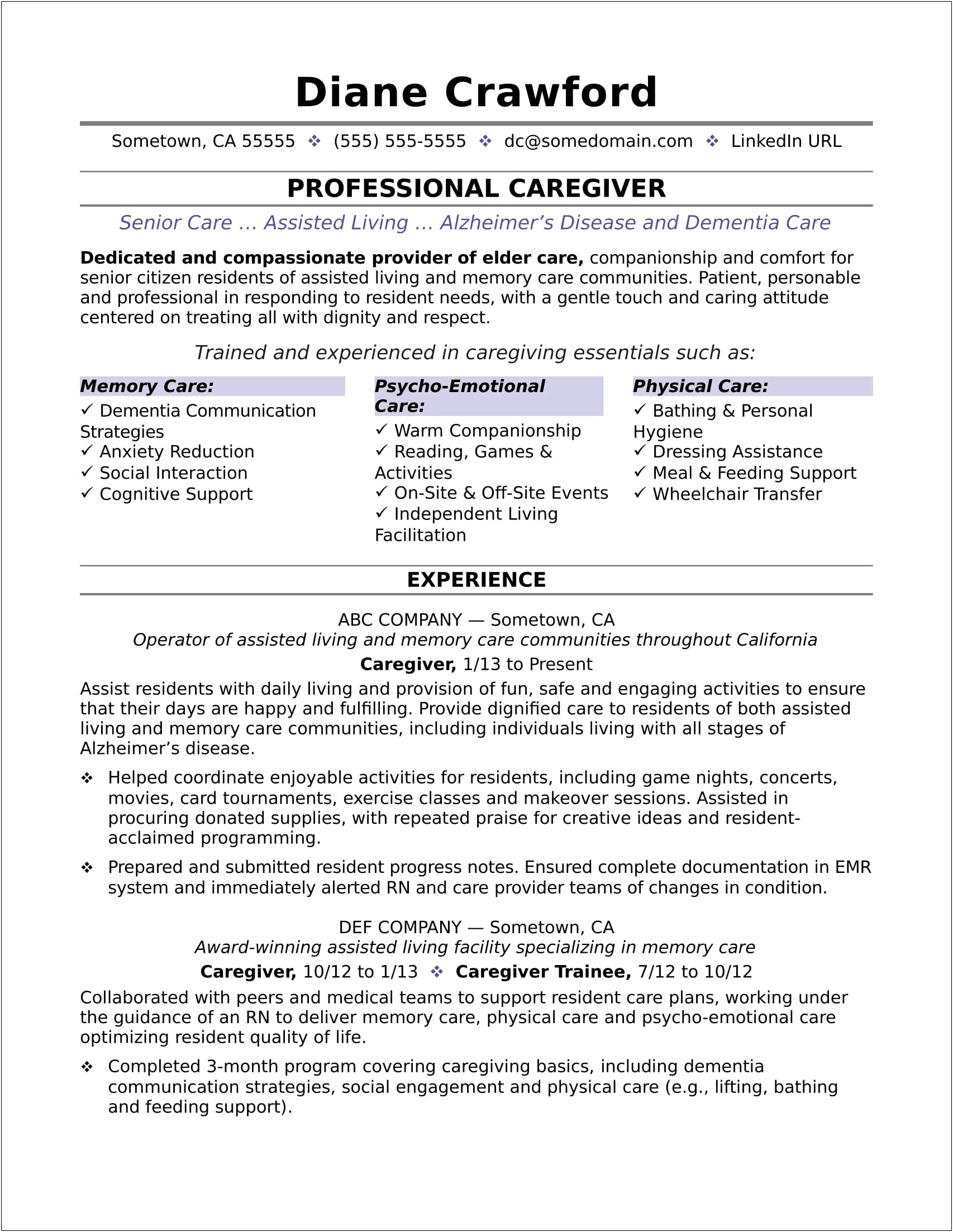 Example Of A Resume For Elderly Caregiver