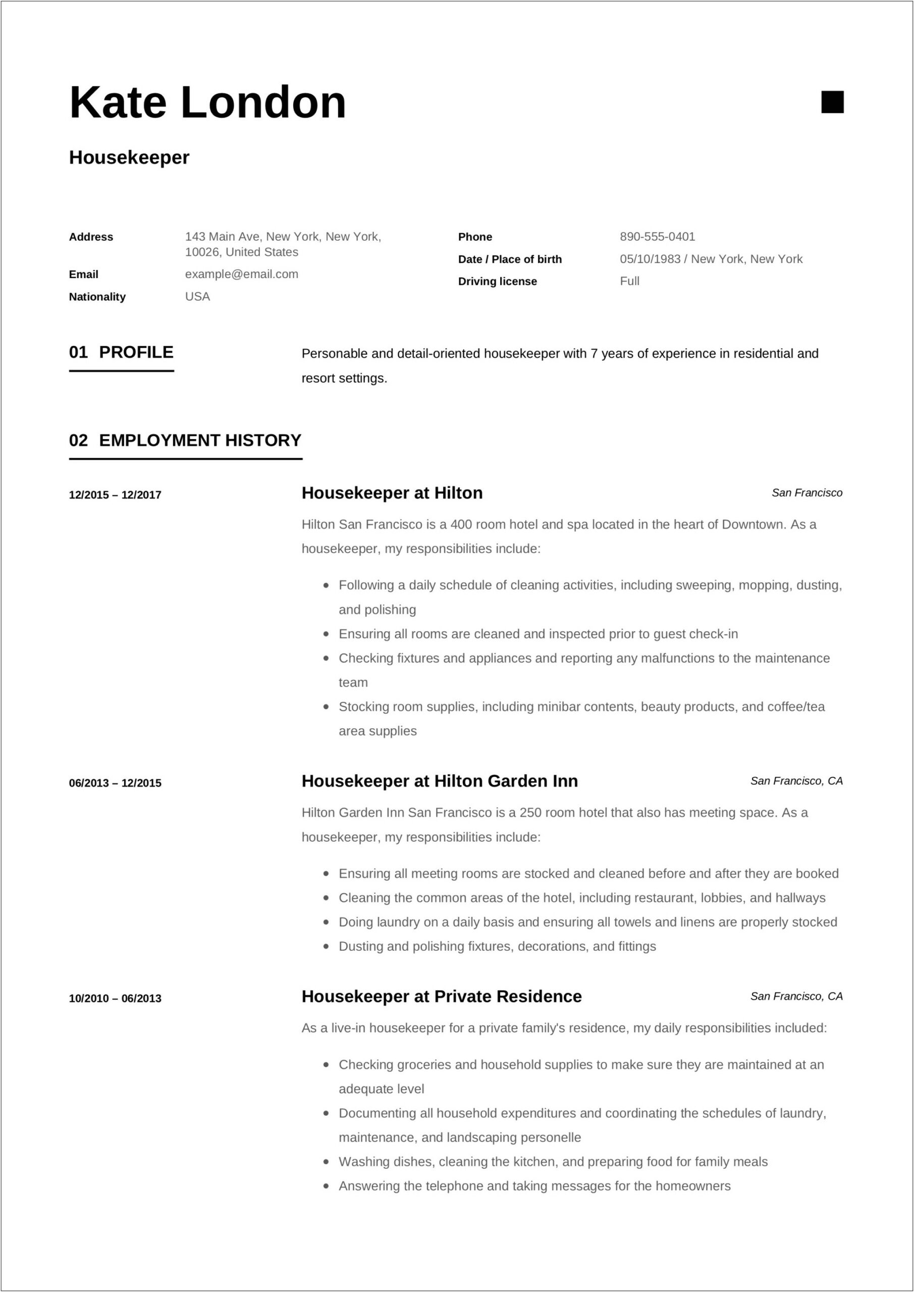 Example Of A Resume For Housekeeping Job