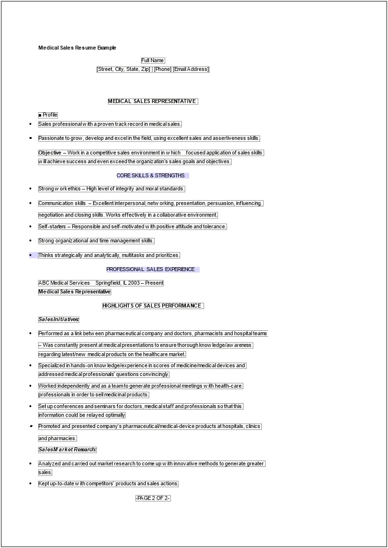 Example Of A Resume For Mediacl Device Sales
