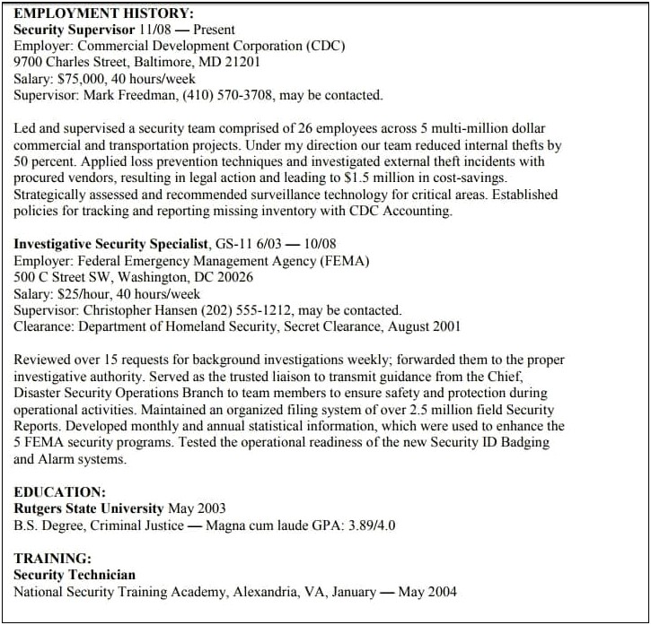 Example Of A Resume From A Federal Employee