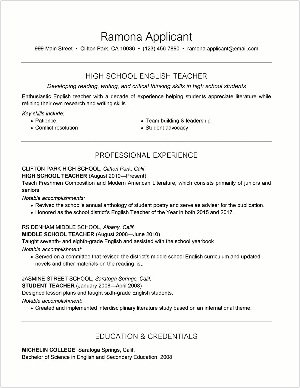 Example Of A Resume Objective For A Teacher