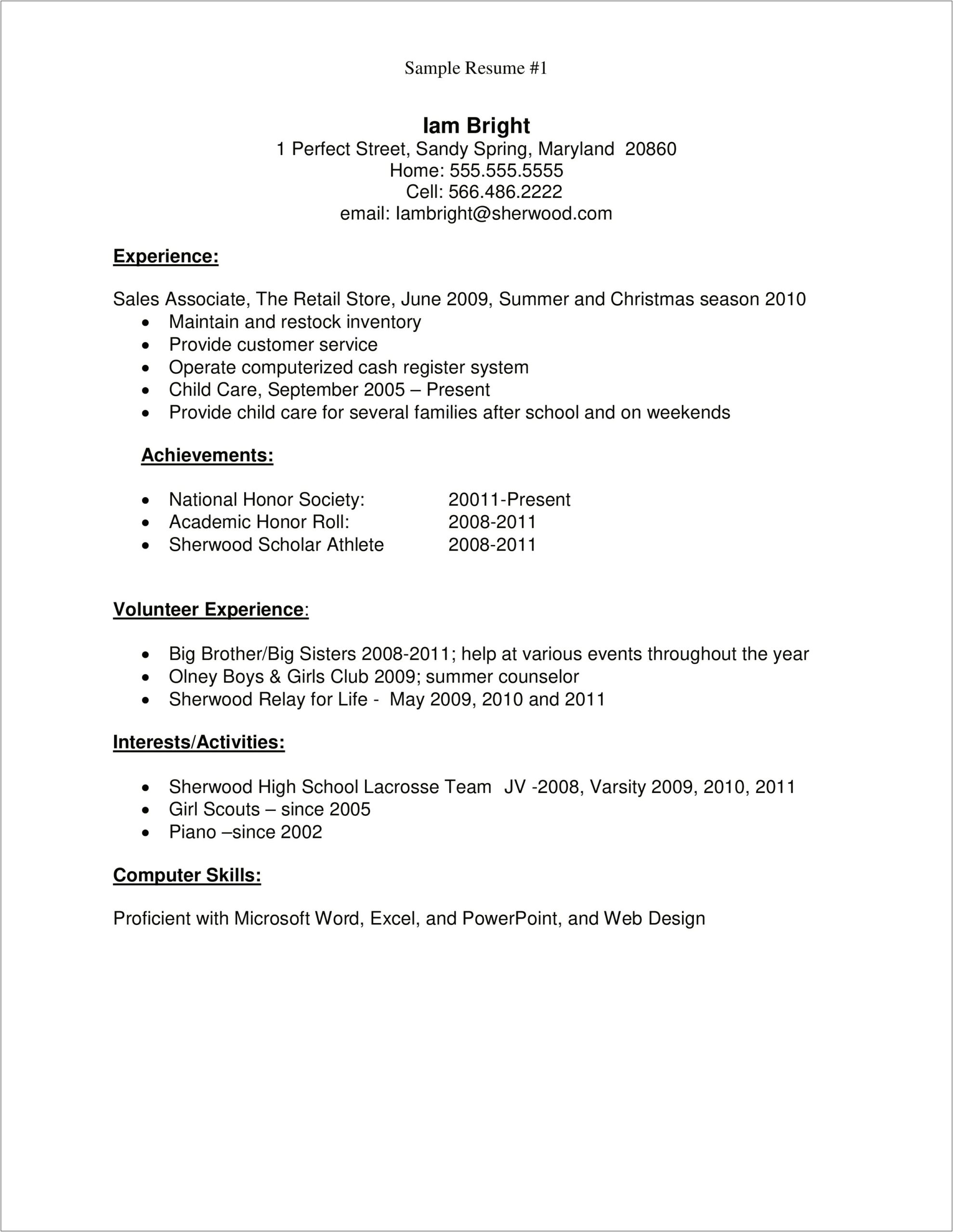 Example Of A Resume Of A Student