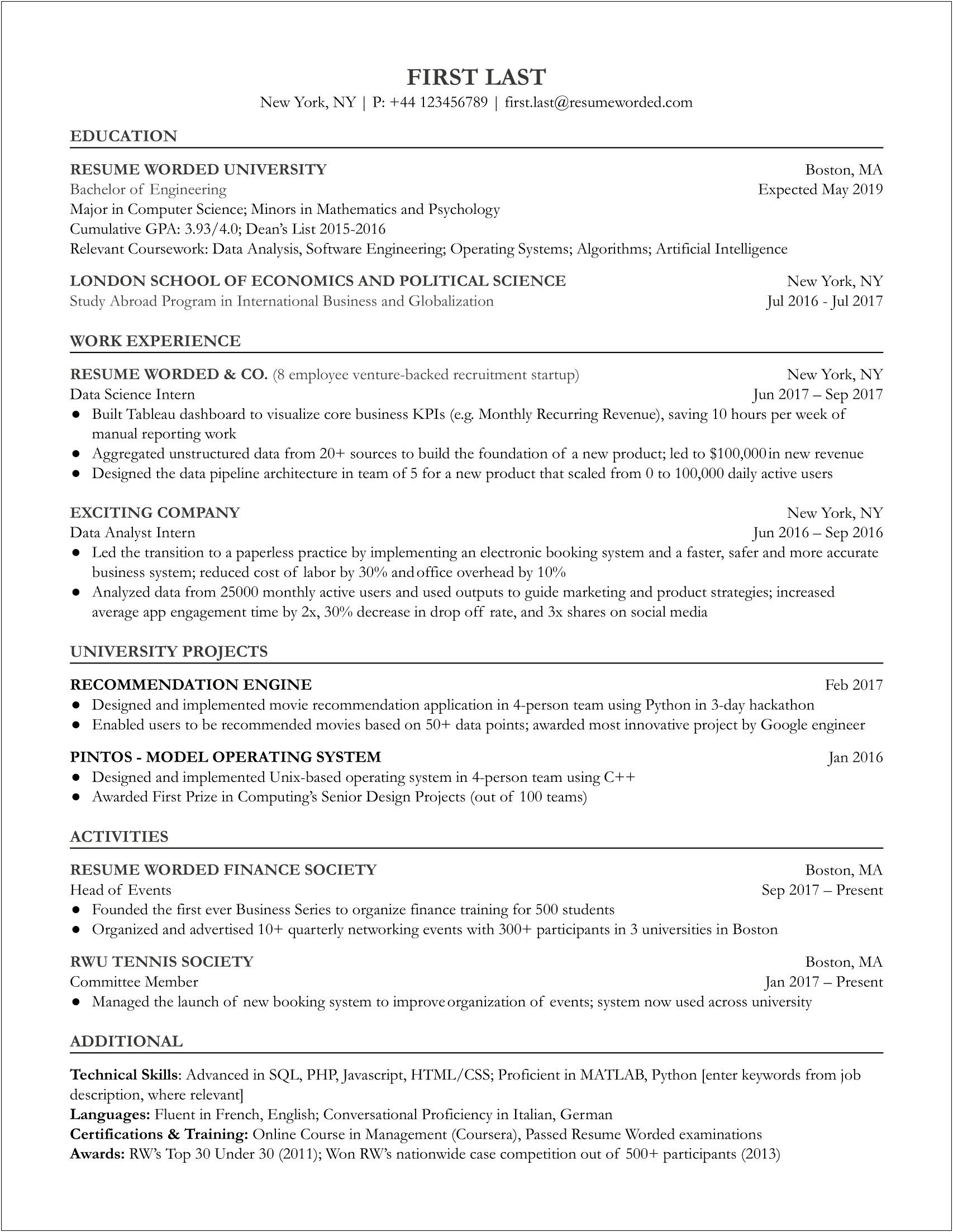 Example Of A Science Resume