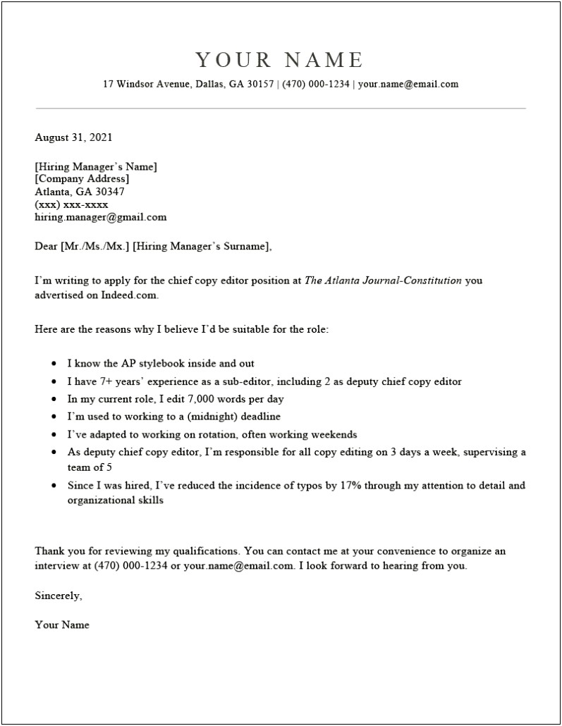 Example Of A Short Cover Resume Letter