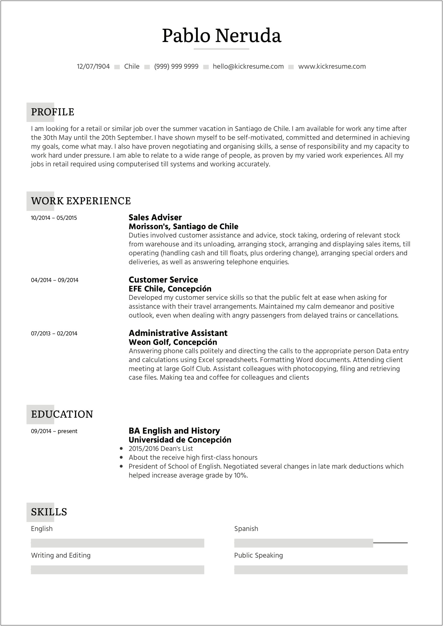 Example Of A Student Resume For A Job