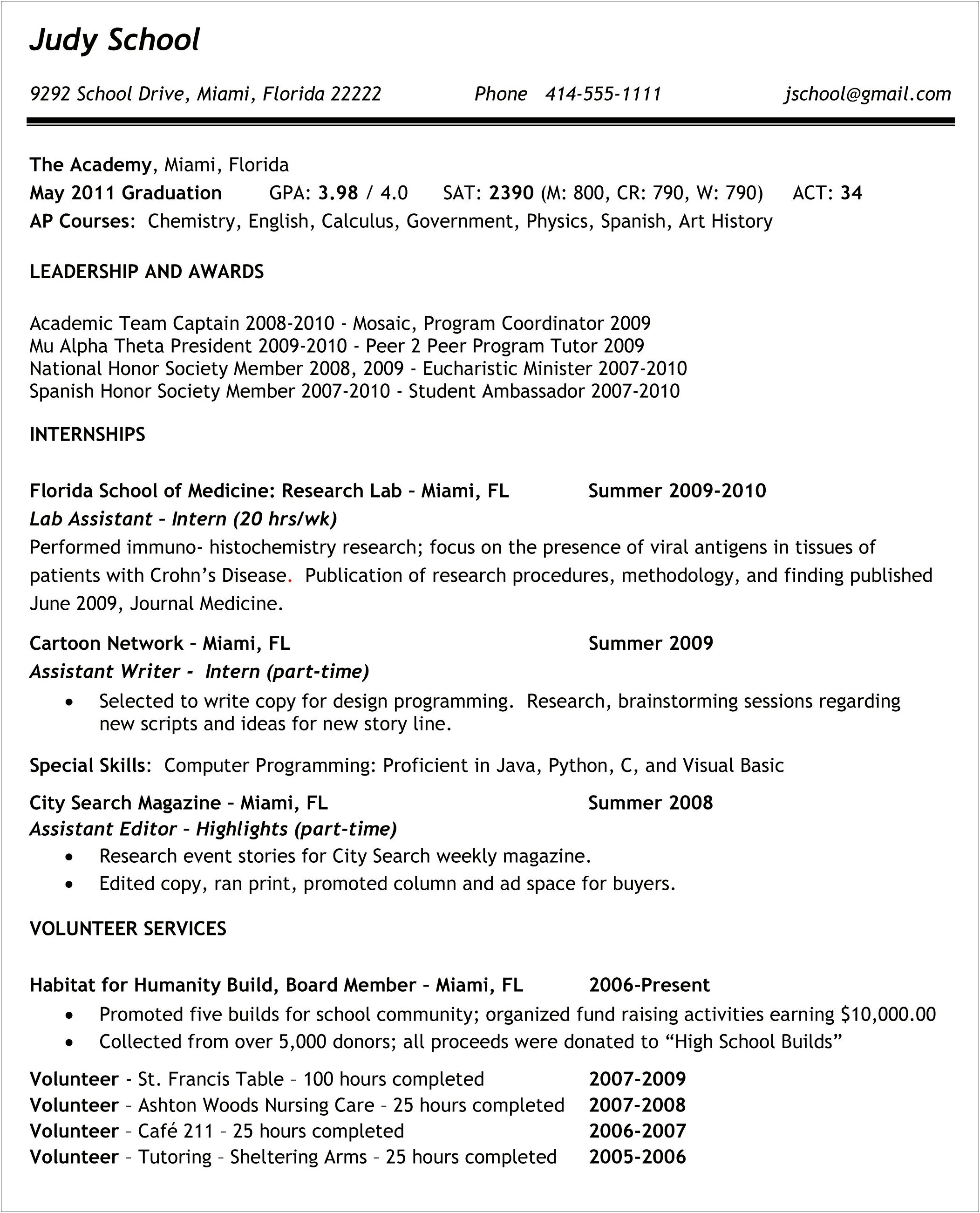 Example Of A Student Resume For College Application