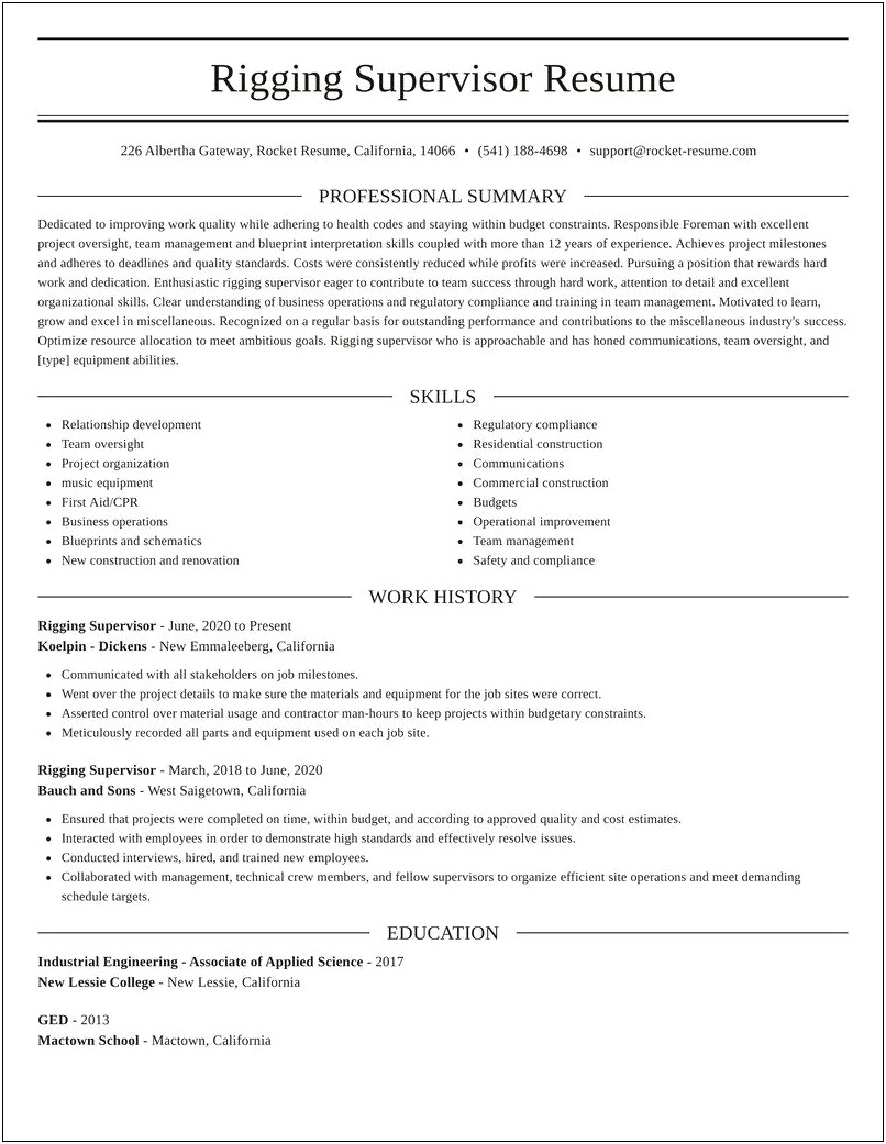 Example Of A Supervisor Resume