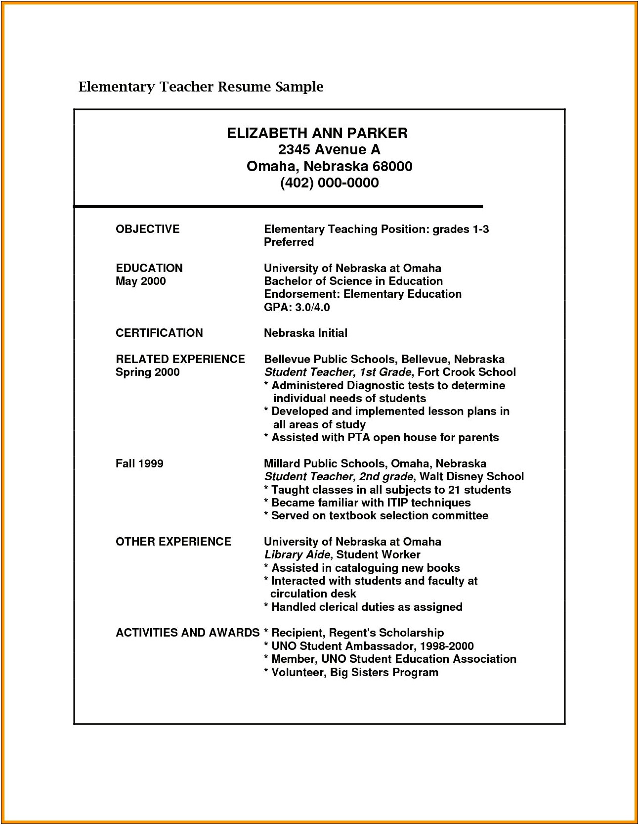 Example Of A Teacher Resume Objective