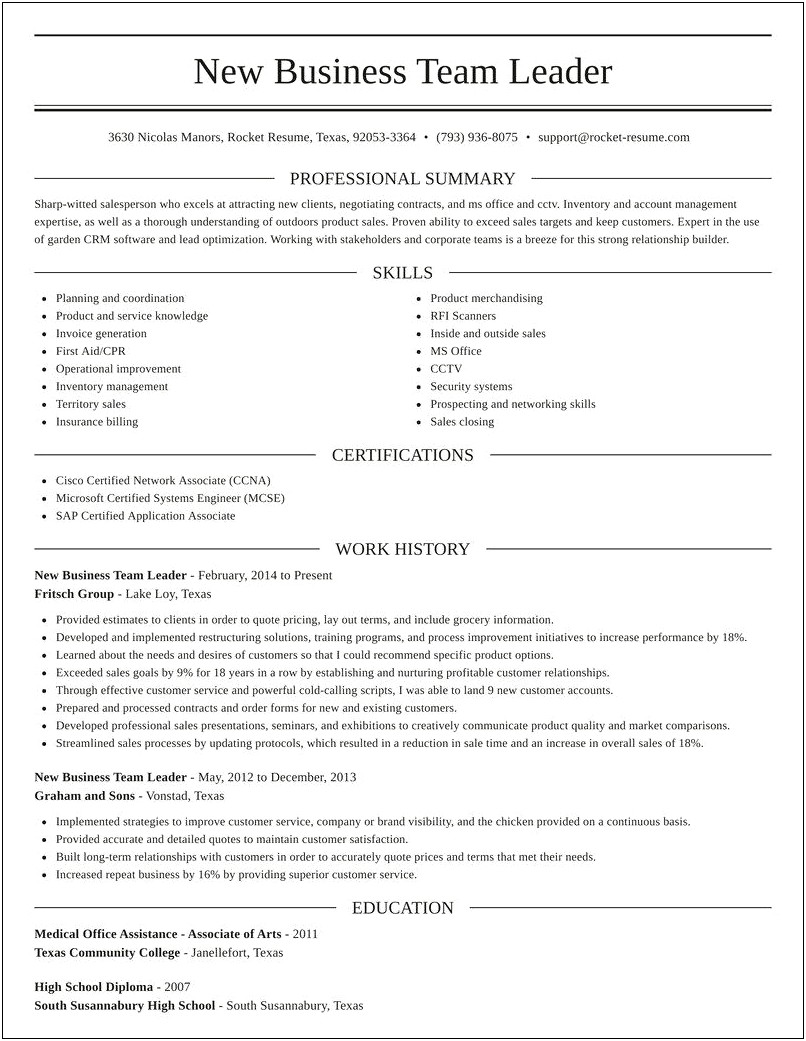 Example Of A Team Leader Resume