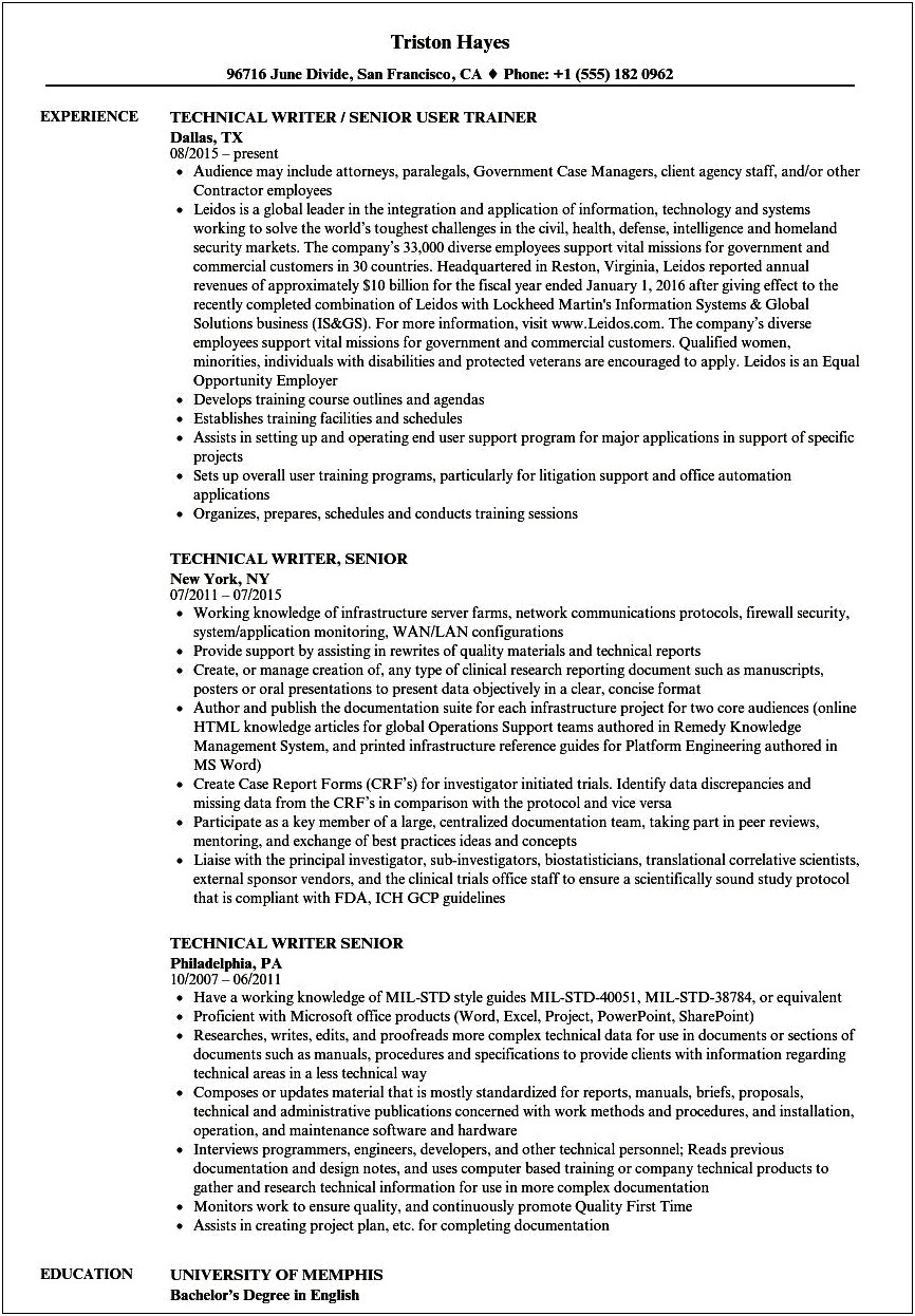 Example Of A Technical Writer Resume