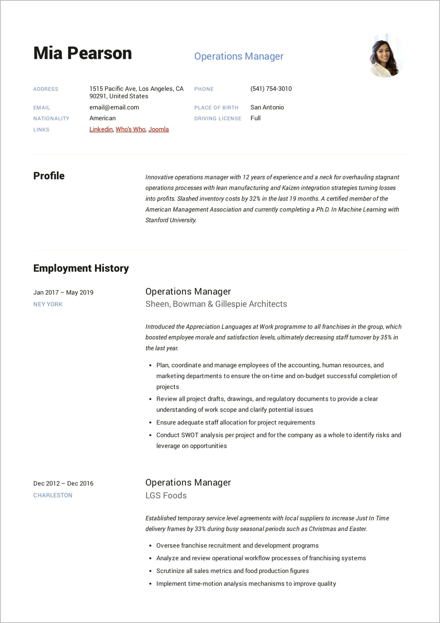 Example Of A Well Written Operations Managers Resume