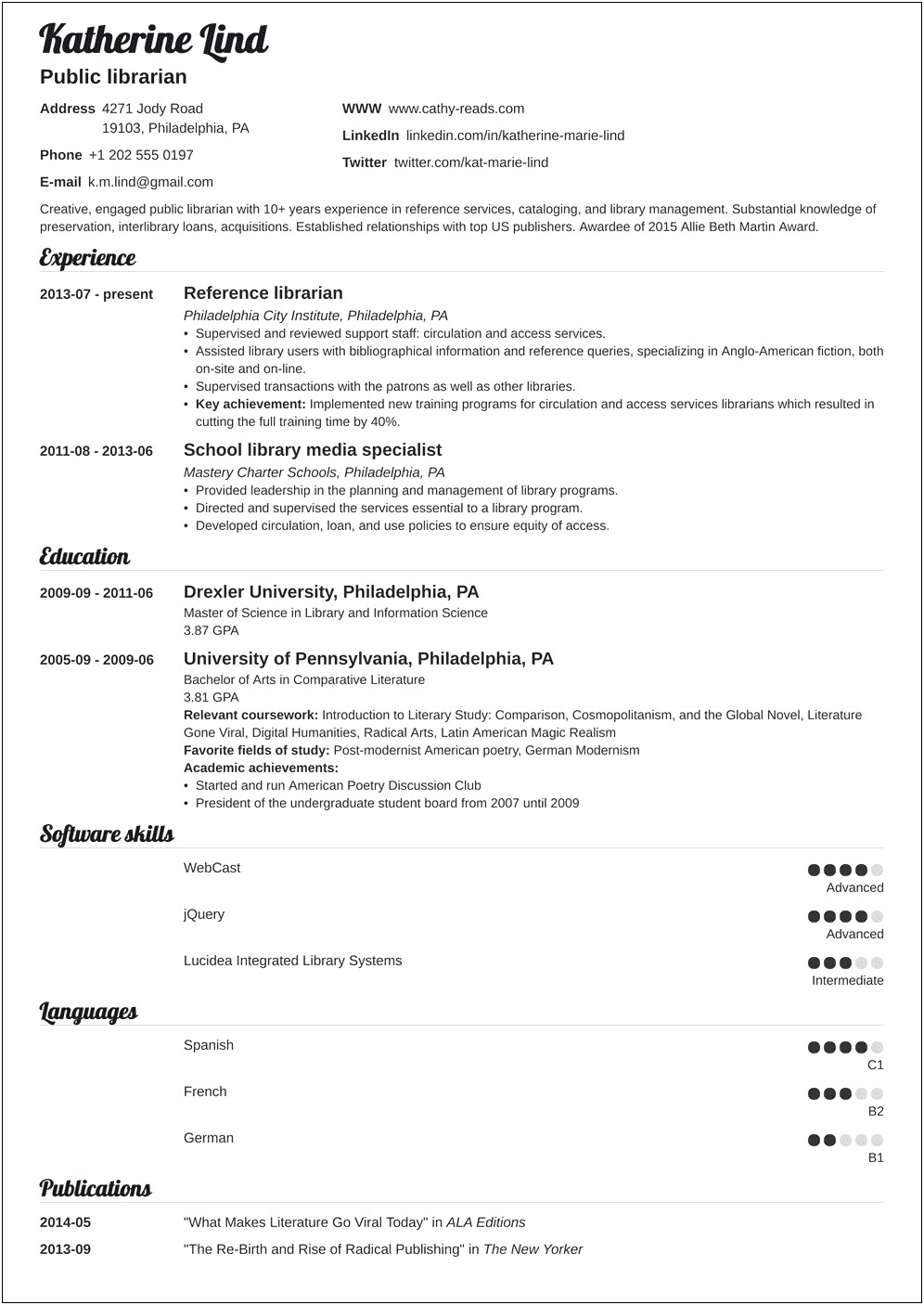 Example Of Academic Librarian Resume