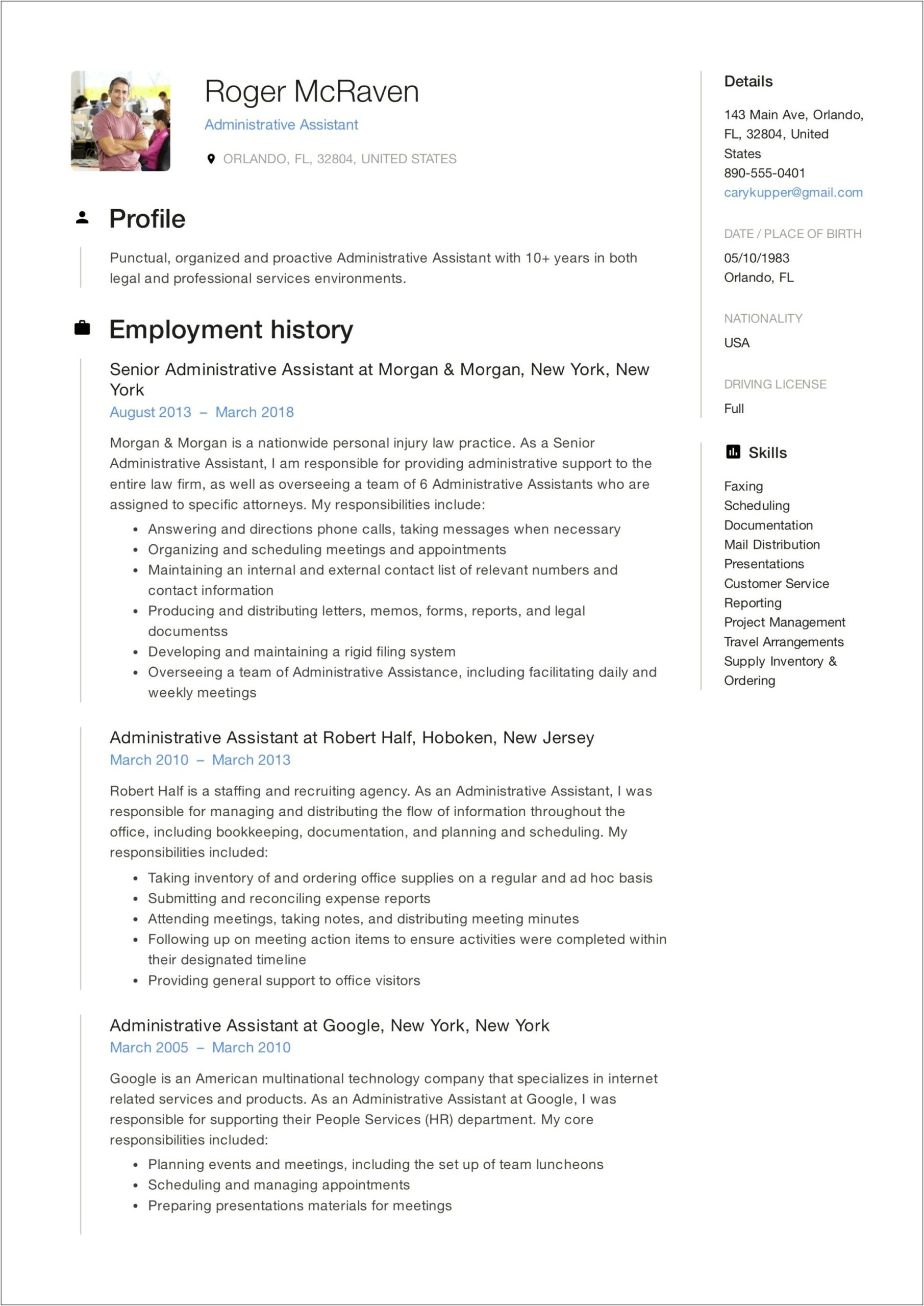 Example Of Administrative Assistant Resume For Free