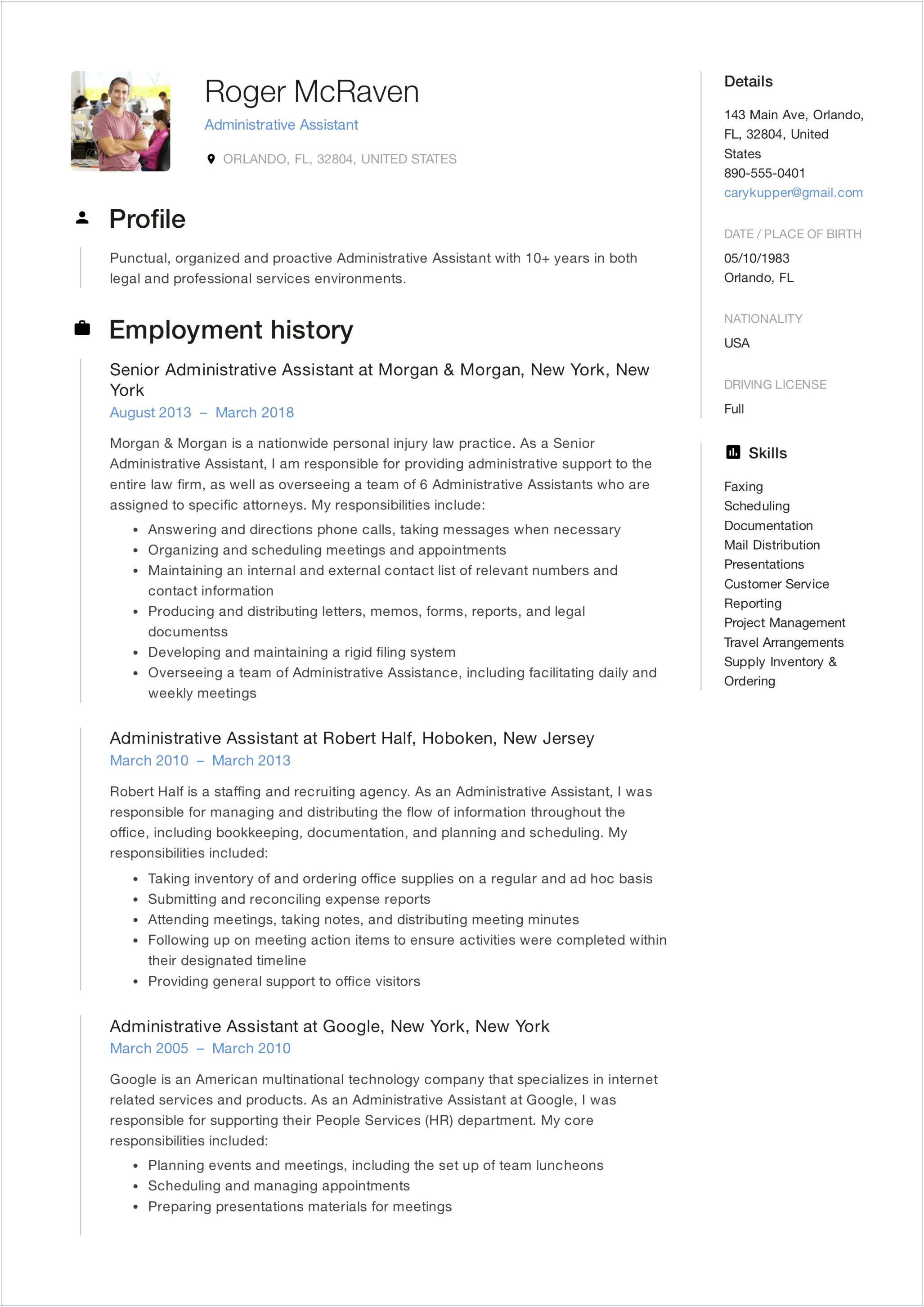 Example Of Administrative Assistant Resume For Free