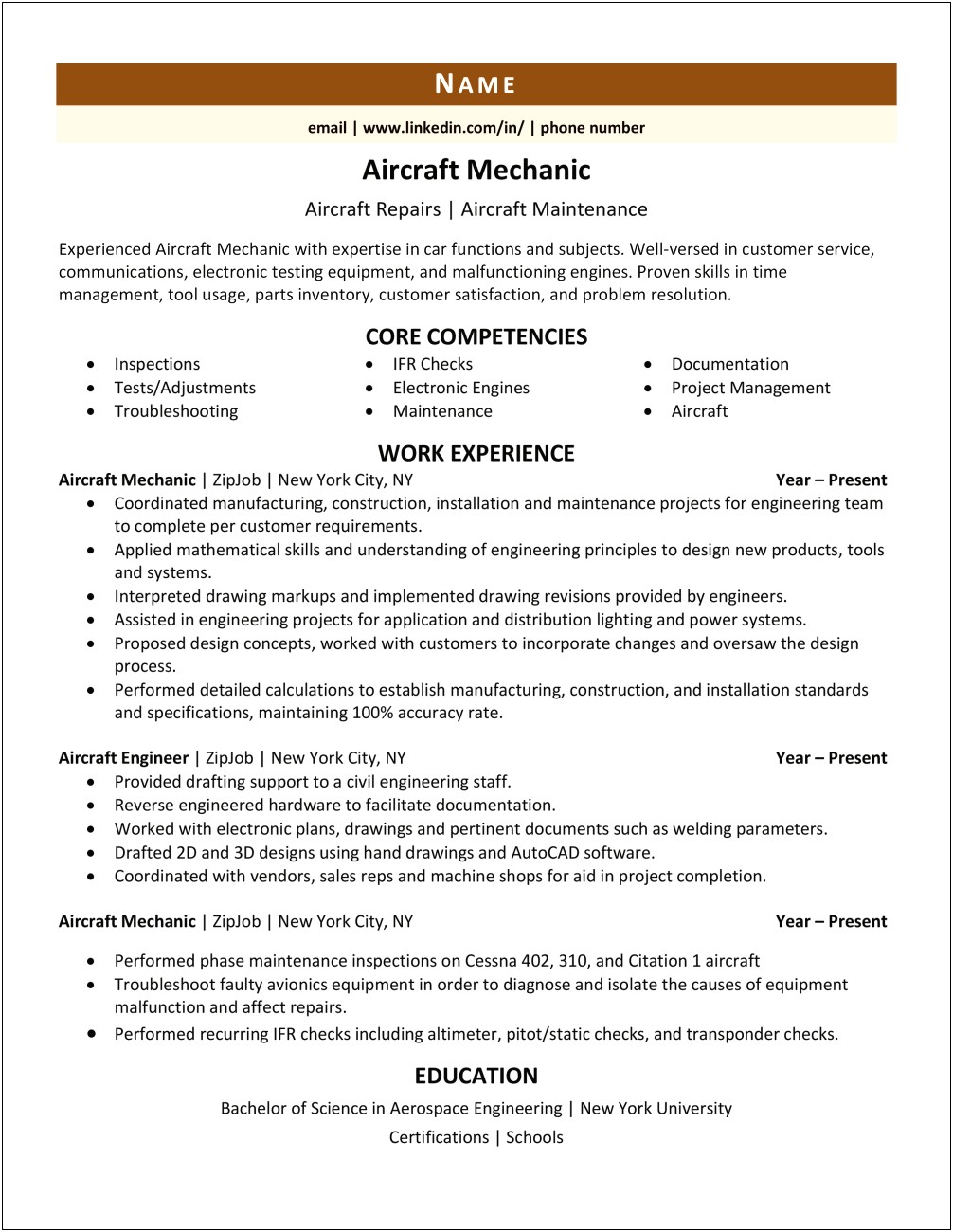 Example Of Aircraft Mechanic Resume