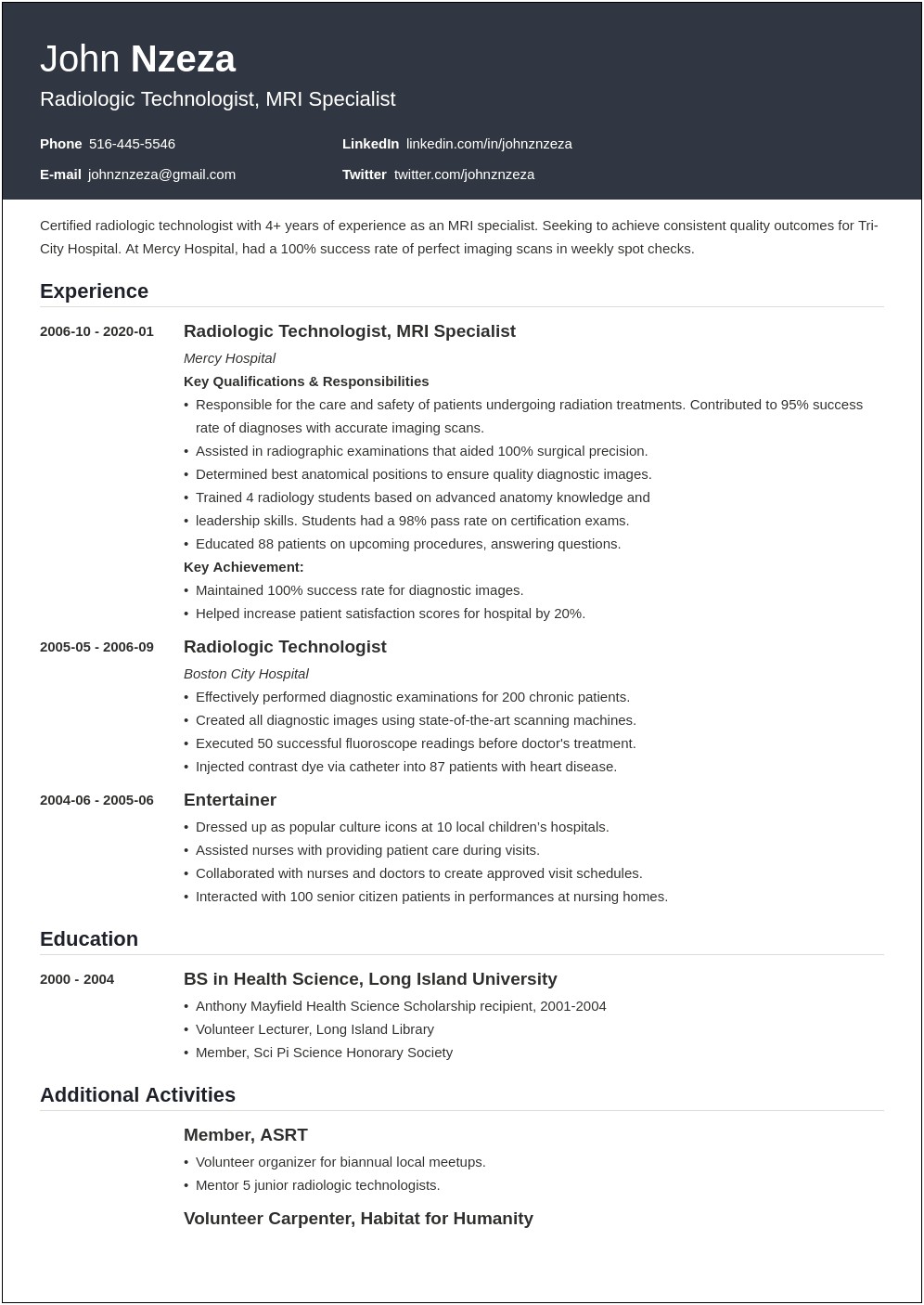 Example Of An Entry Level Sonographer Resume