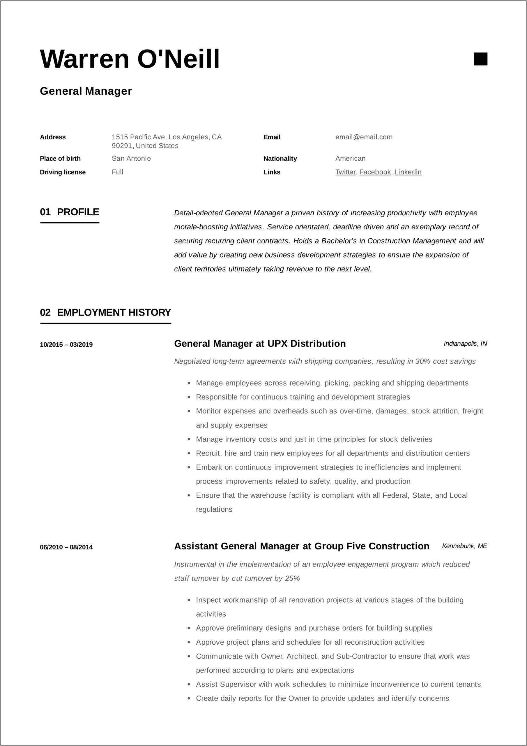 Example Of Assistant General Manager Resume