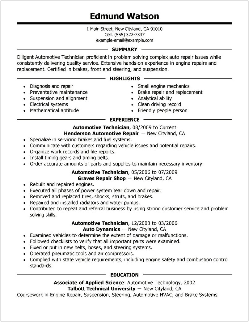 Example Of Automotive Service Manager Resume