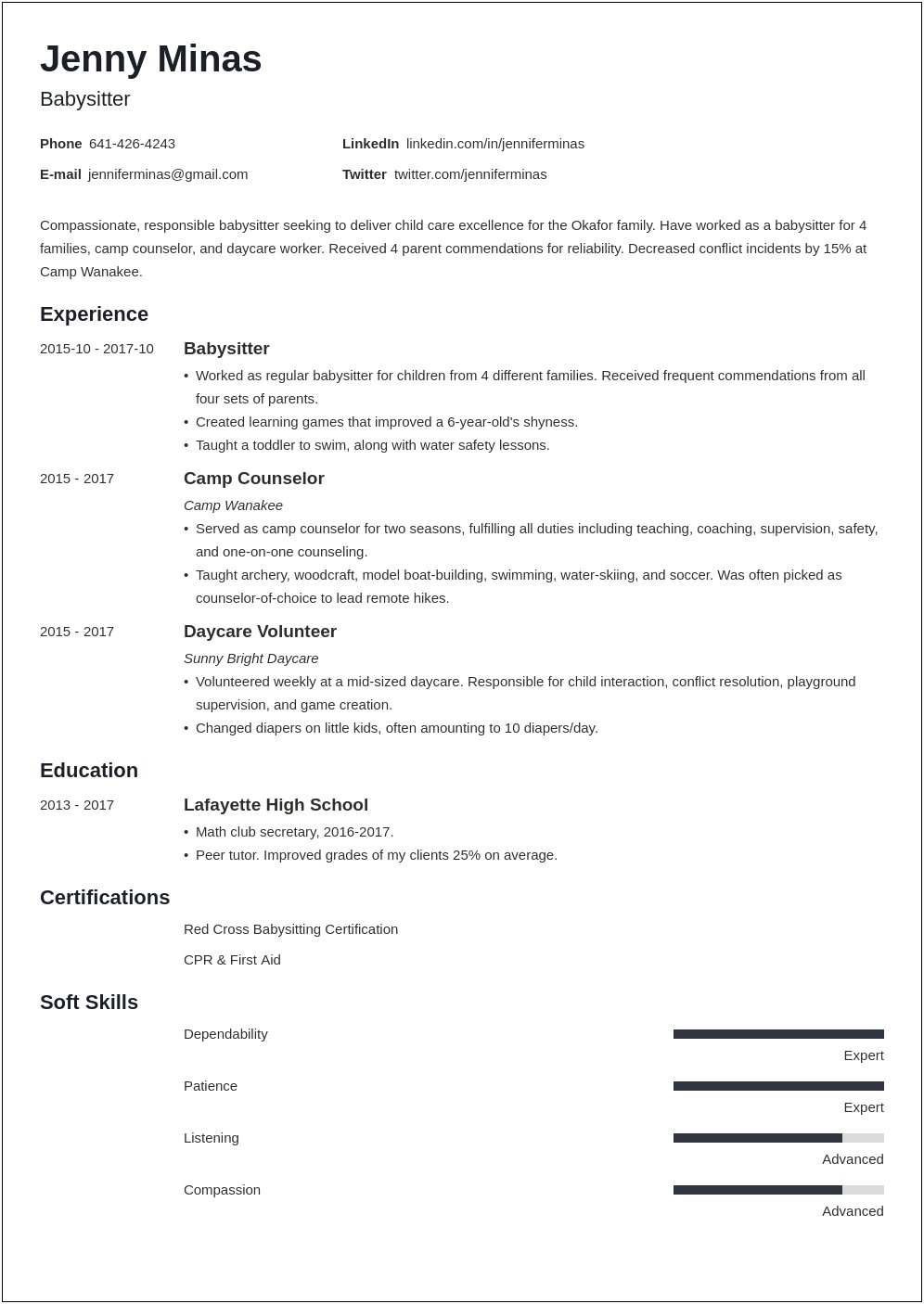 Example Of Baby Sitting Resume