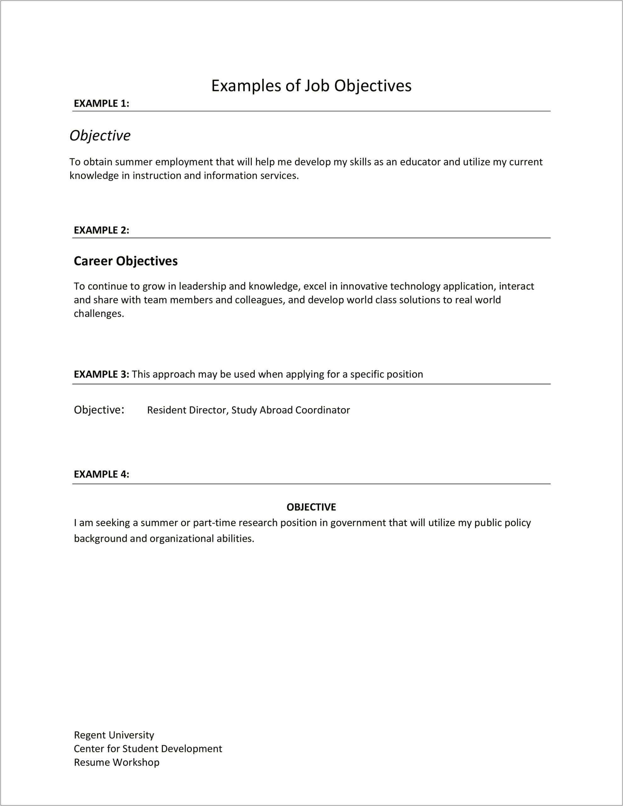Example Of Basic Resume Objective