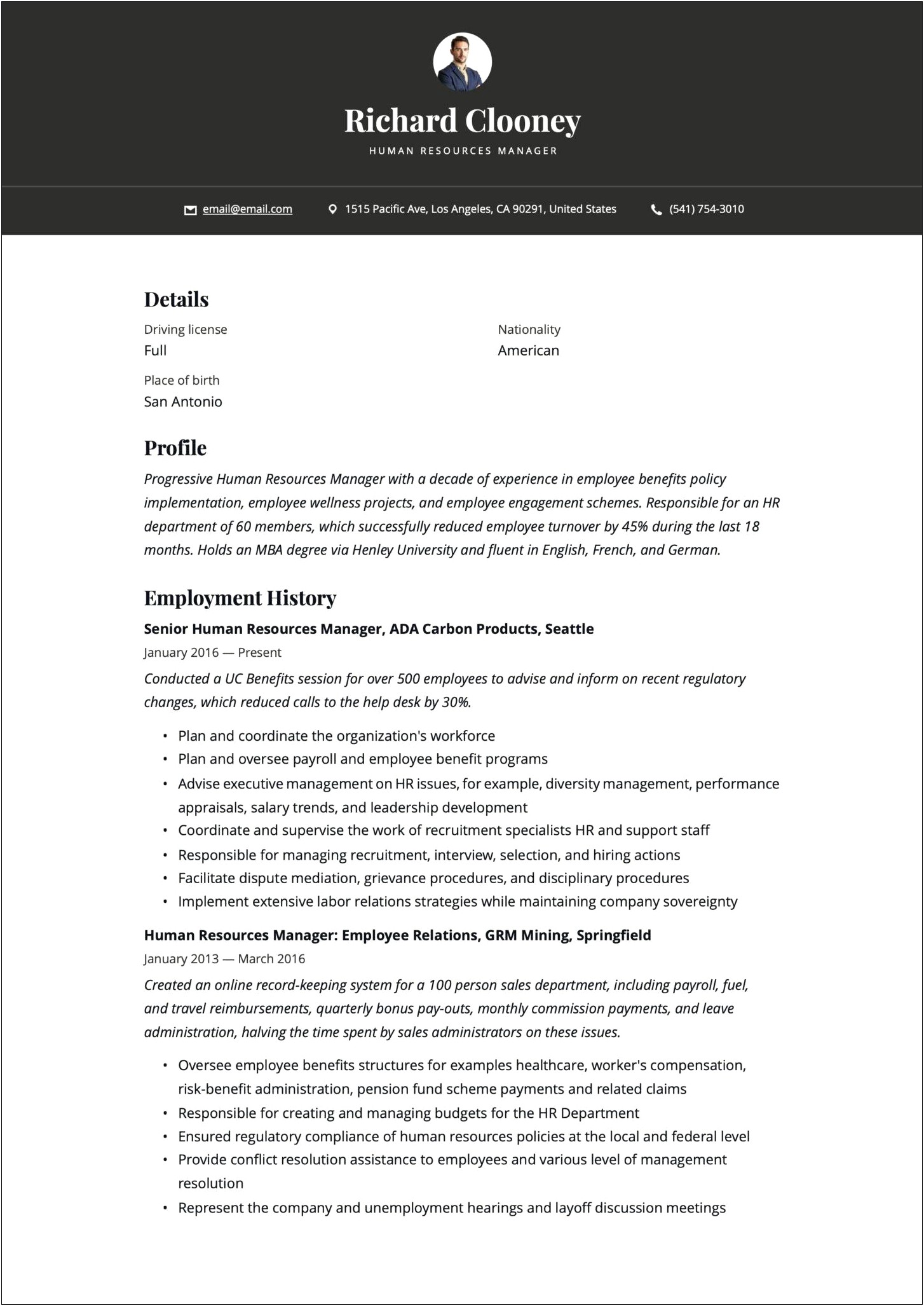 Example Of Benefits Manager Resume