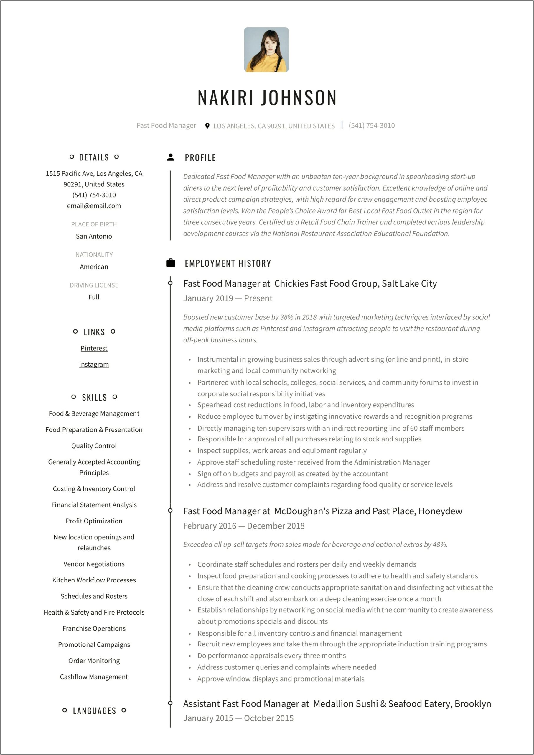 Example Of Branch Manager Resume