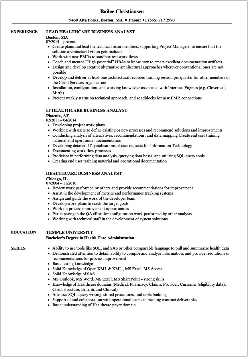 Example Of Business Resume With Healthcare Background