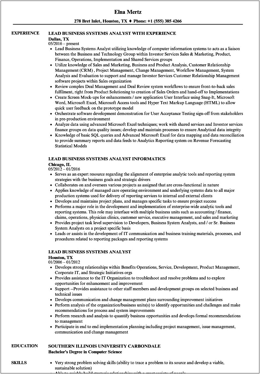 Example Of Business System Analyst Resume