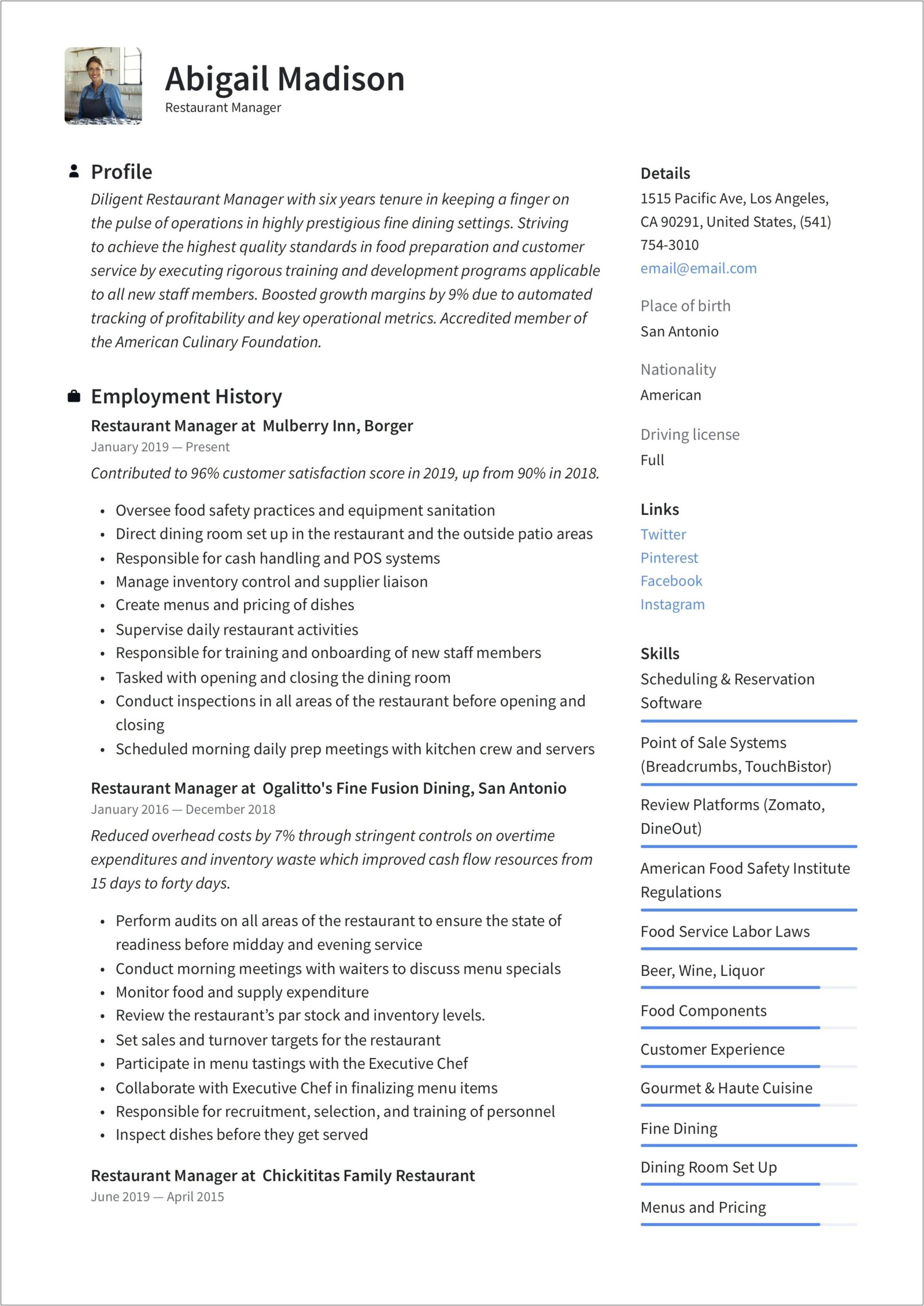 Example Of Cafe Manager Resume Really Pdf