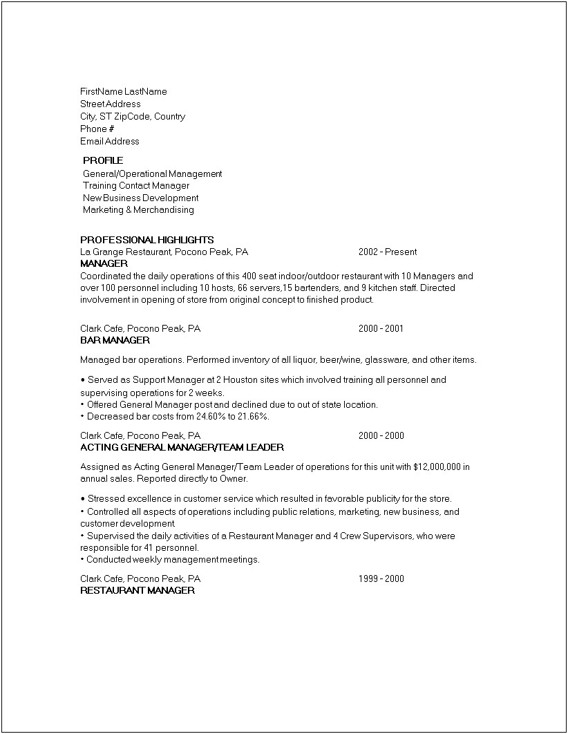 Example Of Cafe Manager Resume