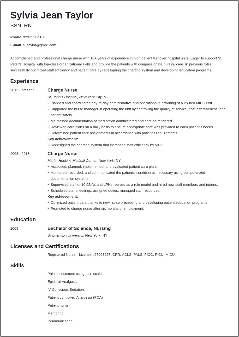 Example Of Charge Nurse Resume
