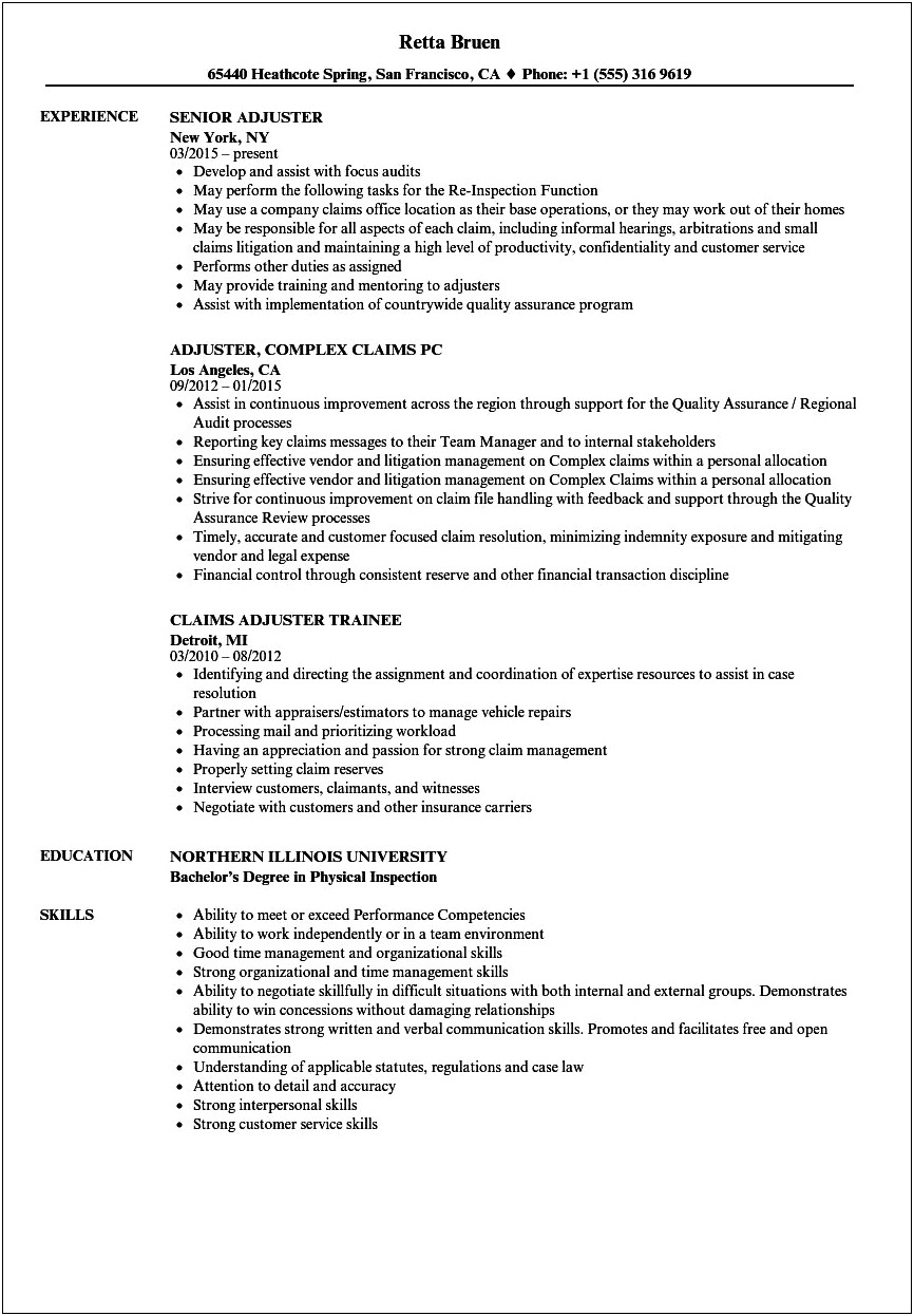 Example Of Claims Adjuster Resume