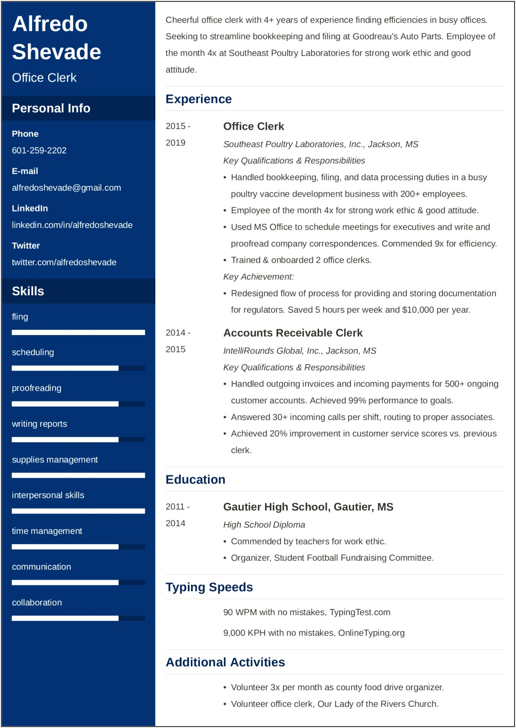 Example Of Clerical Workers Resume