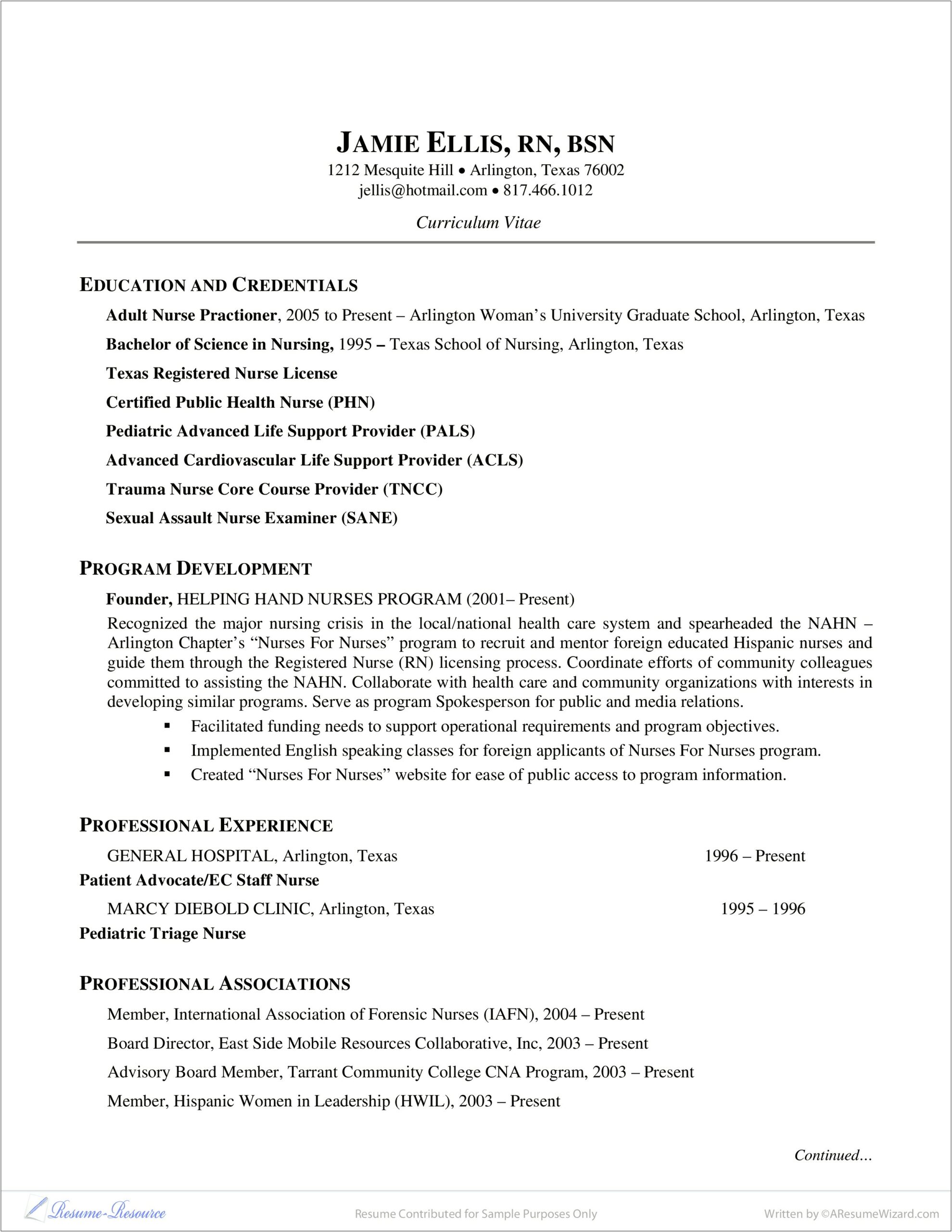 Example Of Clinic Registered Nurse Resume