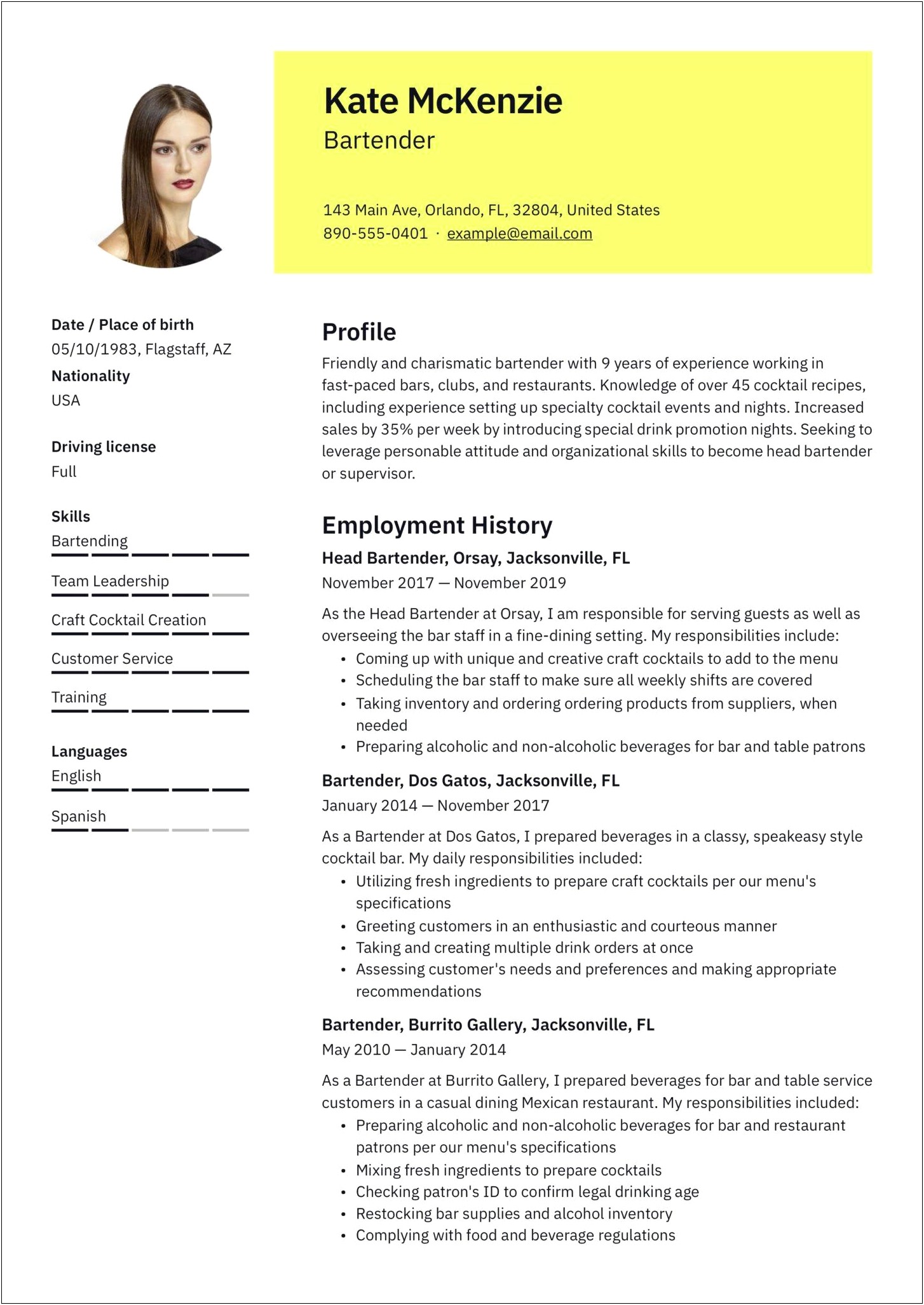 Example Of Cocktail Server Resume
