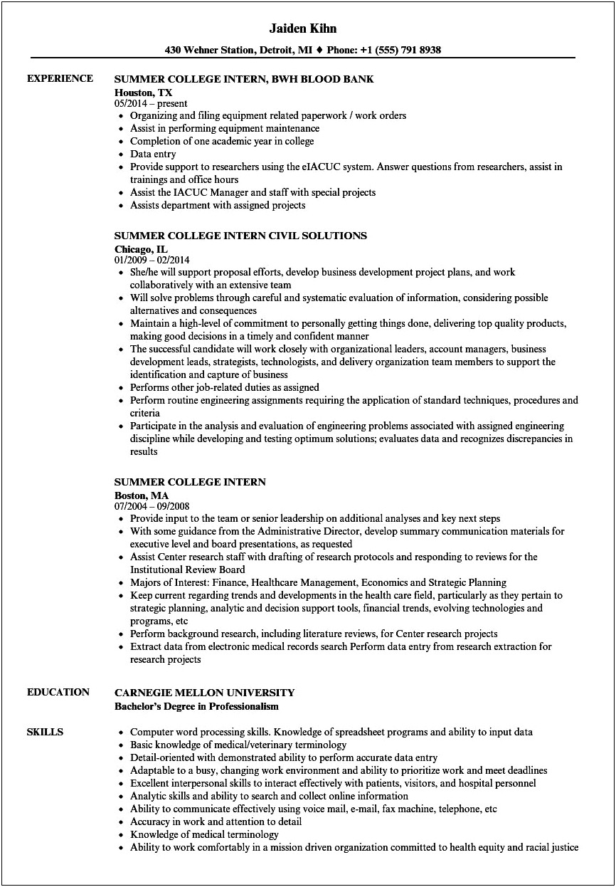 Example Of College Resume For Internship