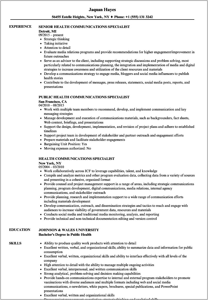 Example Of Communication Specialist Resume