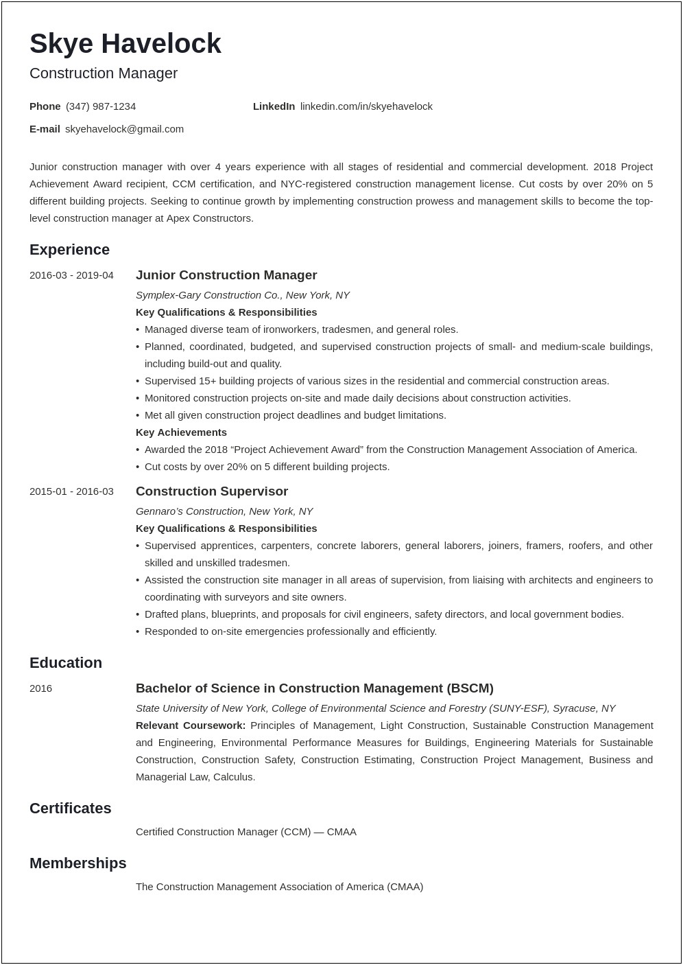Example Of Construction Foreman Resume