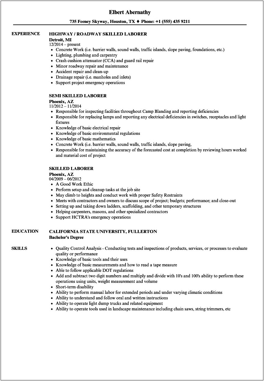Example Of Construction Laborer Resume