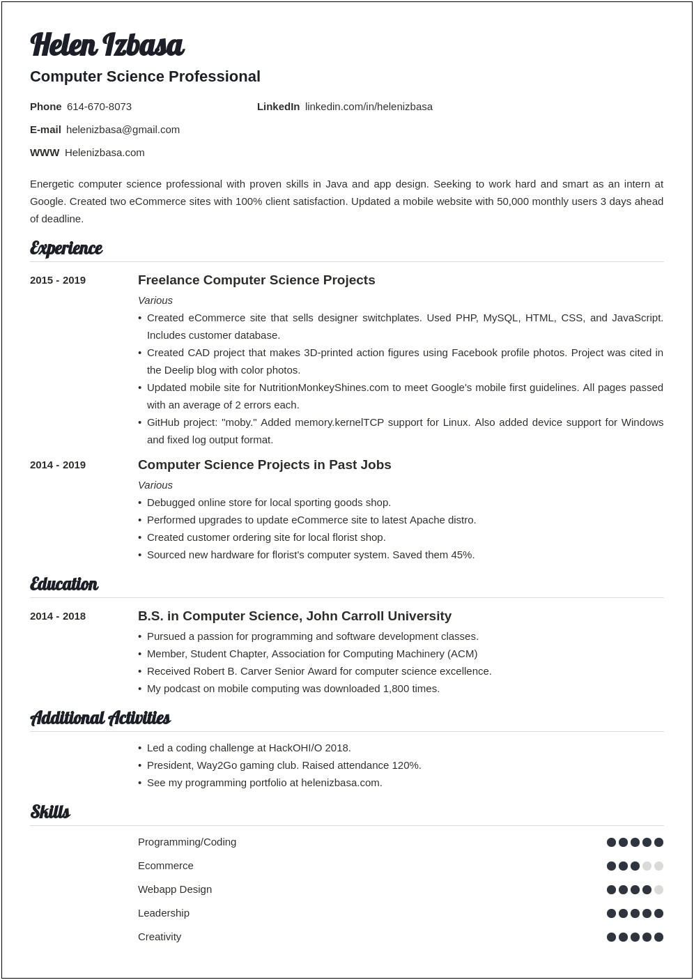 Example Of Contain In Intern Resume