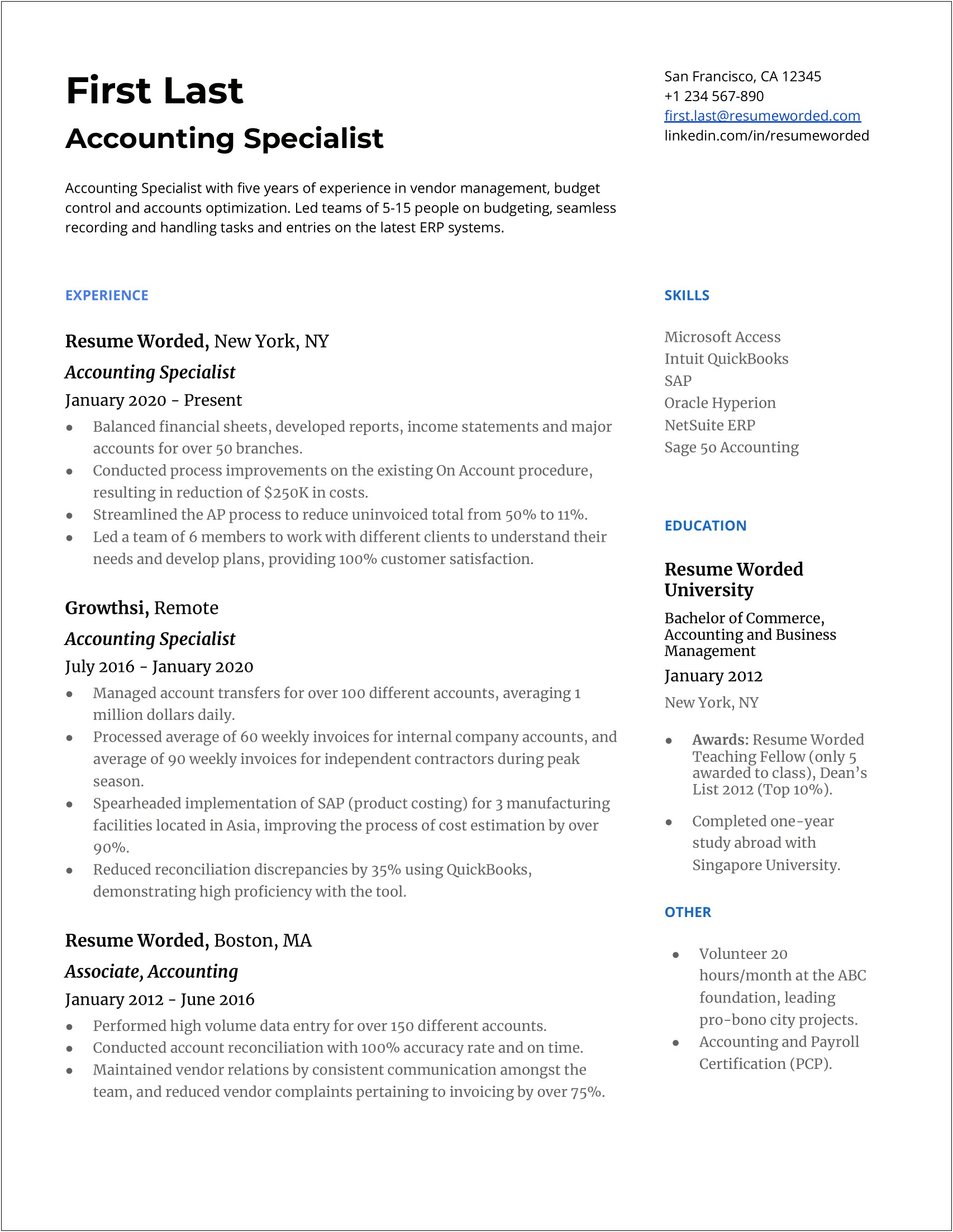 Example Of Cost Accountant Resume