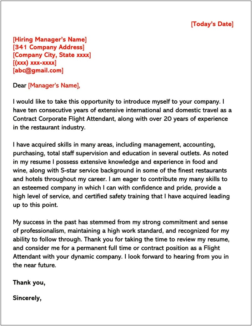 Example Of Cover Letter For Flight Attendant Resume