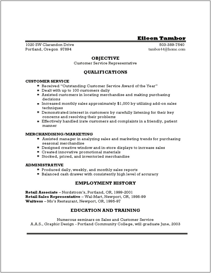 Example Of Customer Service In A Resume