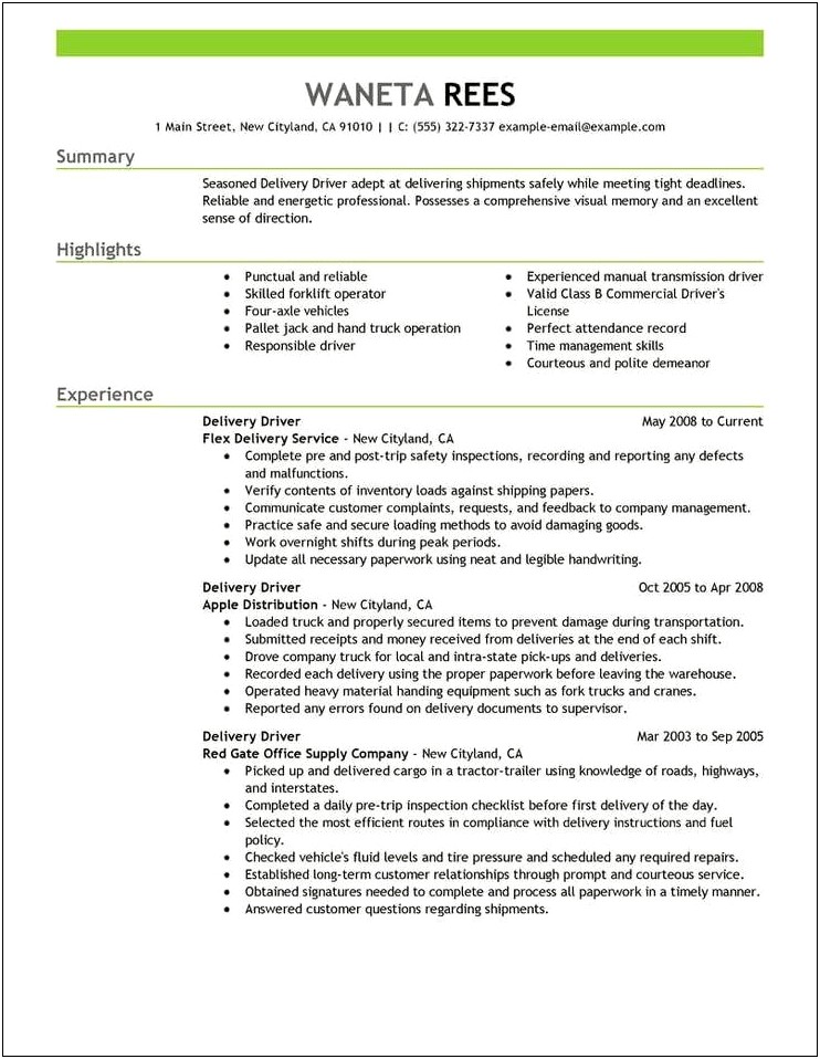 Example Of Delivery Driver Resume