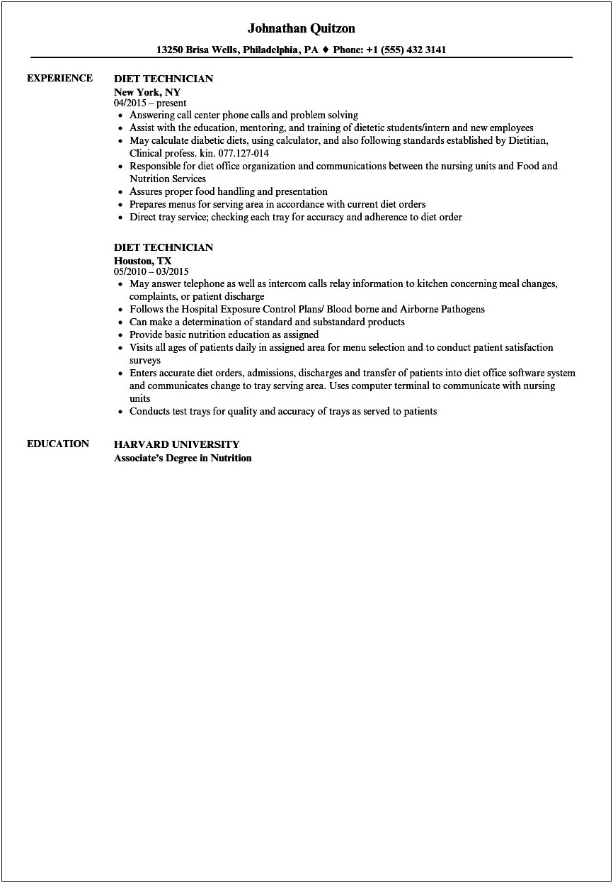 Example Of Dietetic Internship Resume