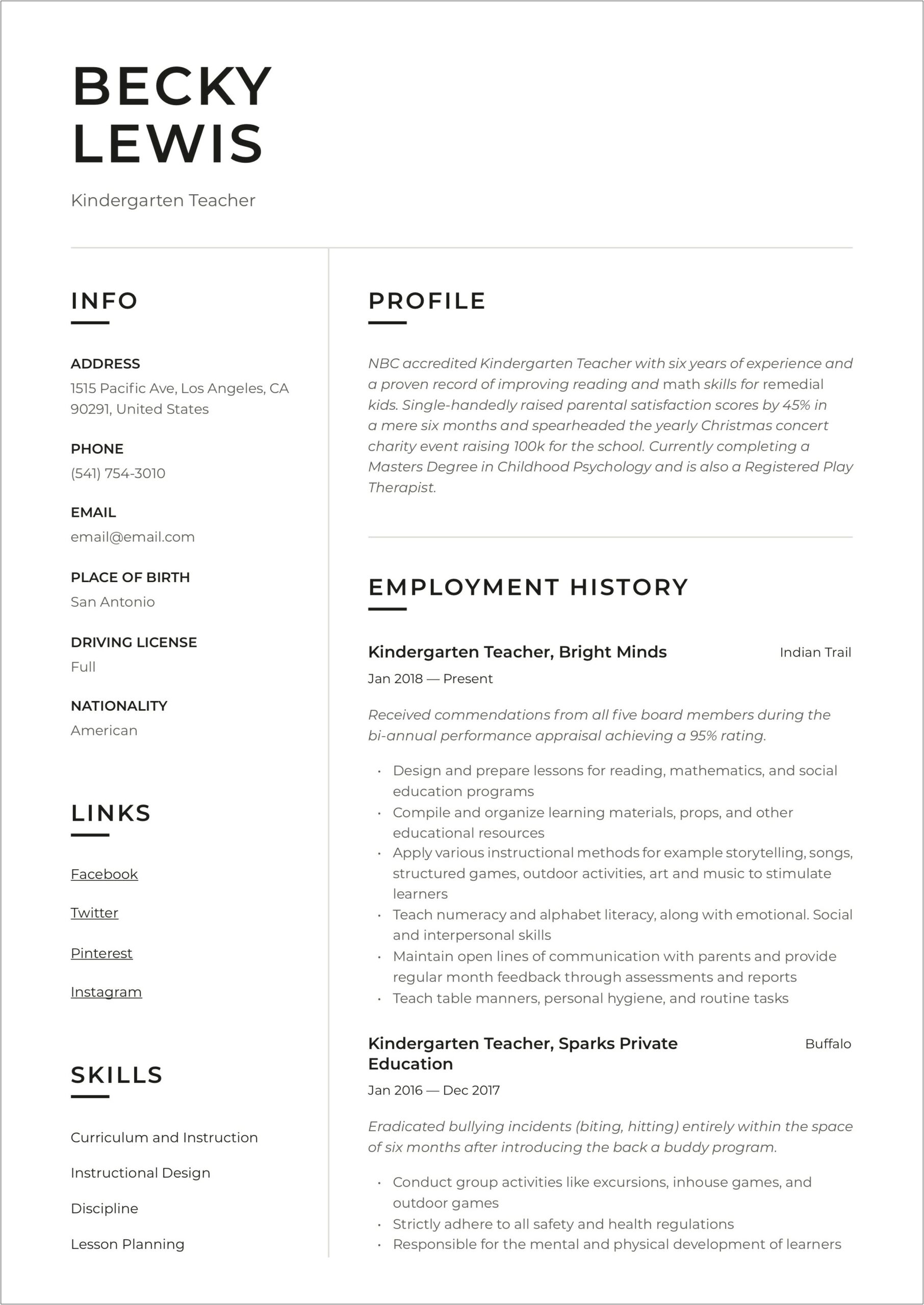 Example Of Early Childhood Education Resume