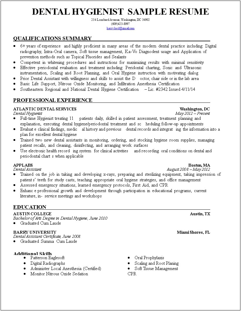 Example Of Education For Dental School On Resume